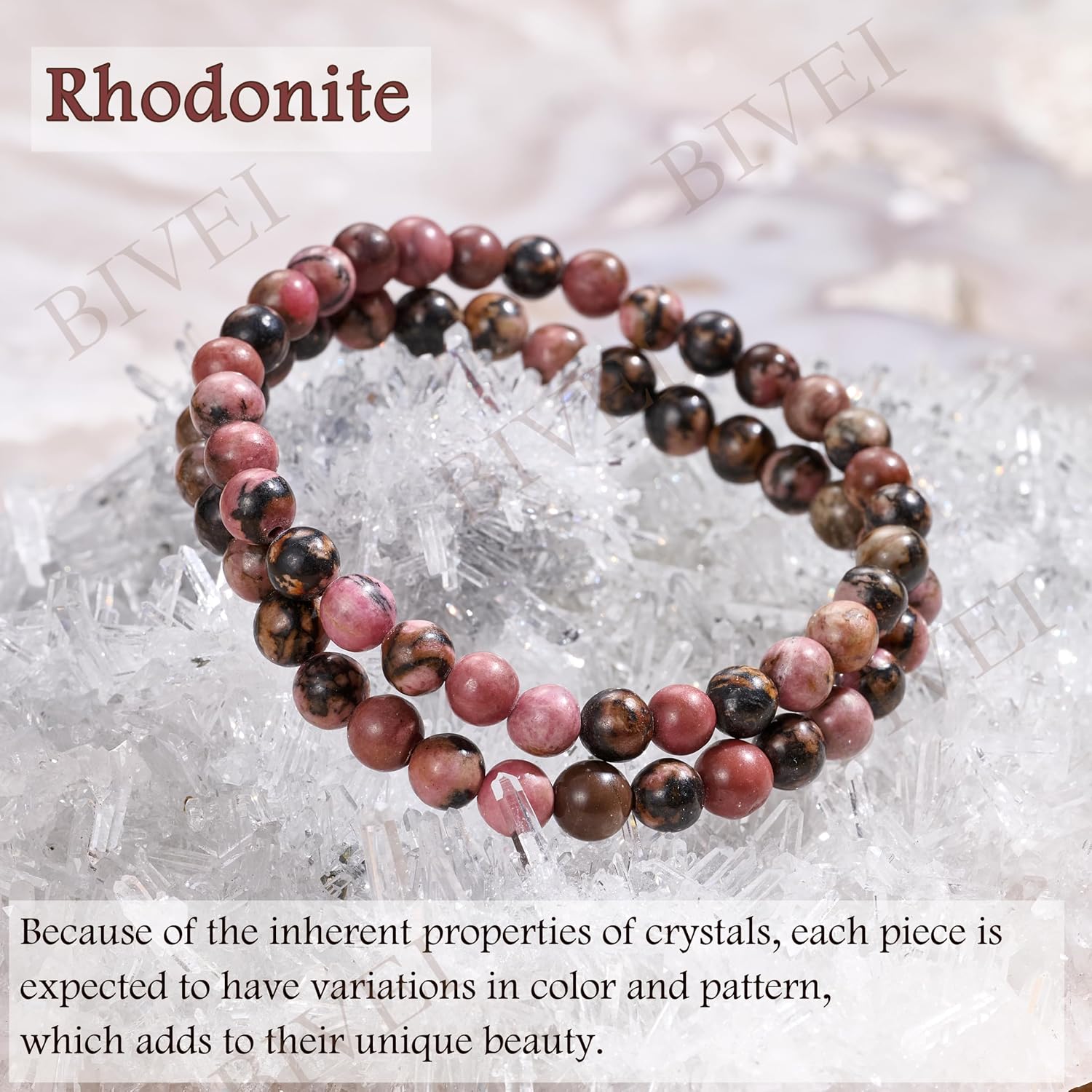 Detalle 2 de Braccialetto Bivei da signora in perle da 6 mm di rodonite naturale, elastico