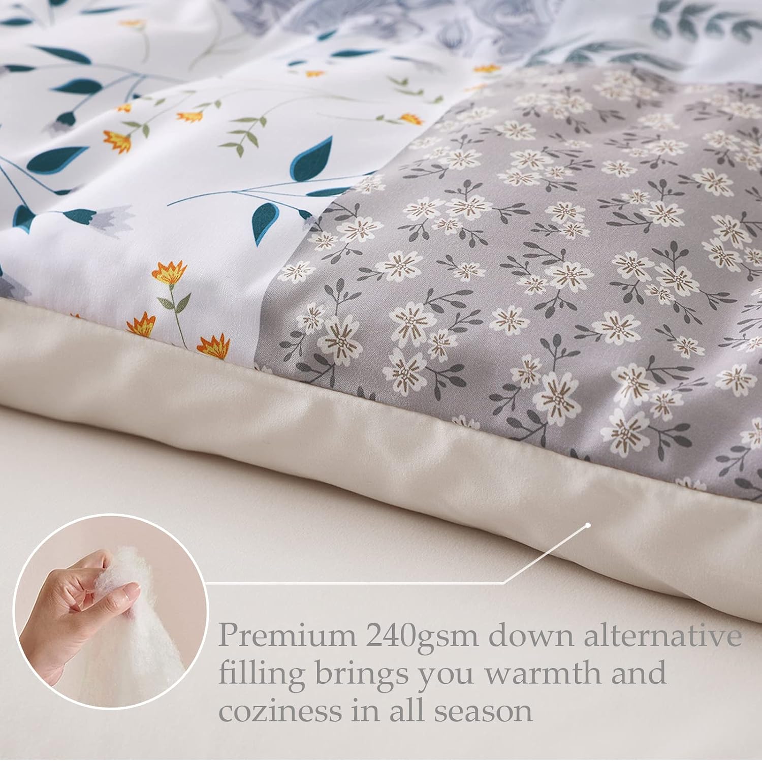 Detalle de Whale Flotilla Double Size Coverless Duvet Set 7.5 Tog, Patchwork Floral – 200×200cm, Grey