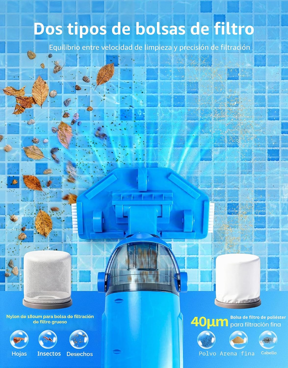 Detalle de LanBlu Aspirador Piscina Batería con Varilla Telescópica y Cabezales Intercambiables