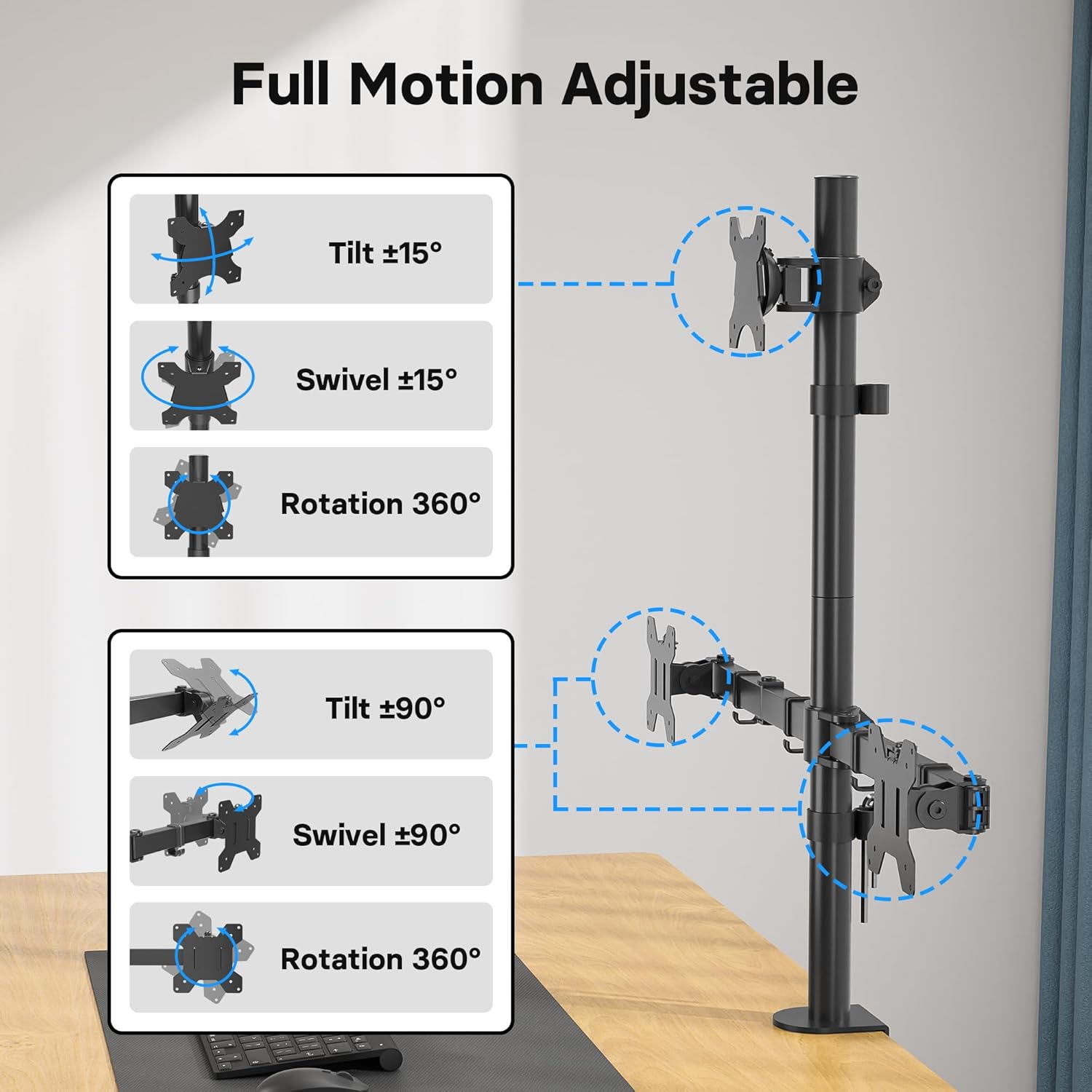 Thumbnail 3 de BONTEC Supporto Monitor Triplo per Schermo da 32" e due da 27" – montaggio a morsetto e palo centrale, VESA 75/100mm
