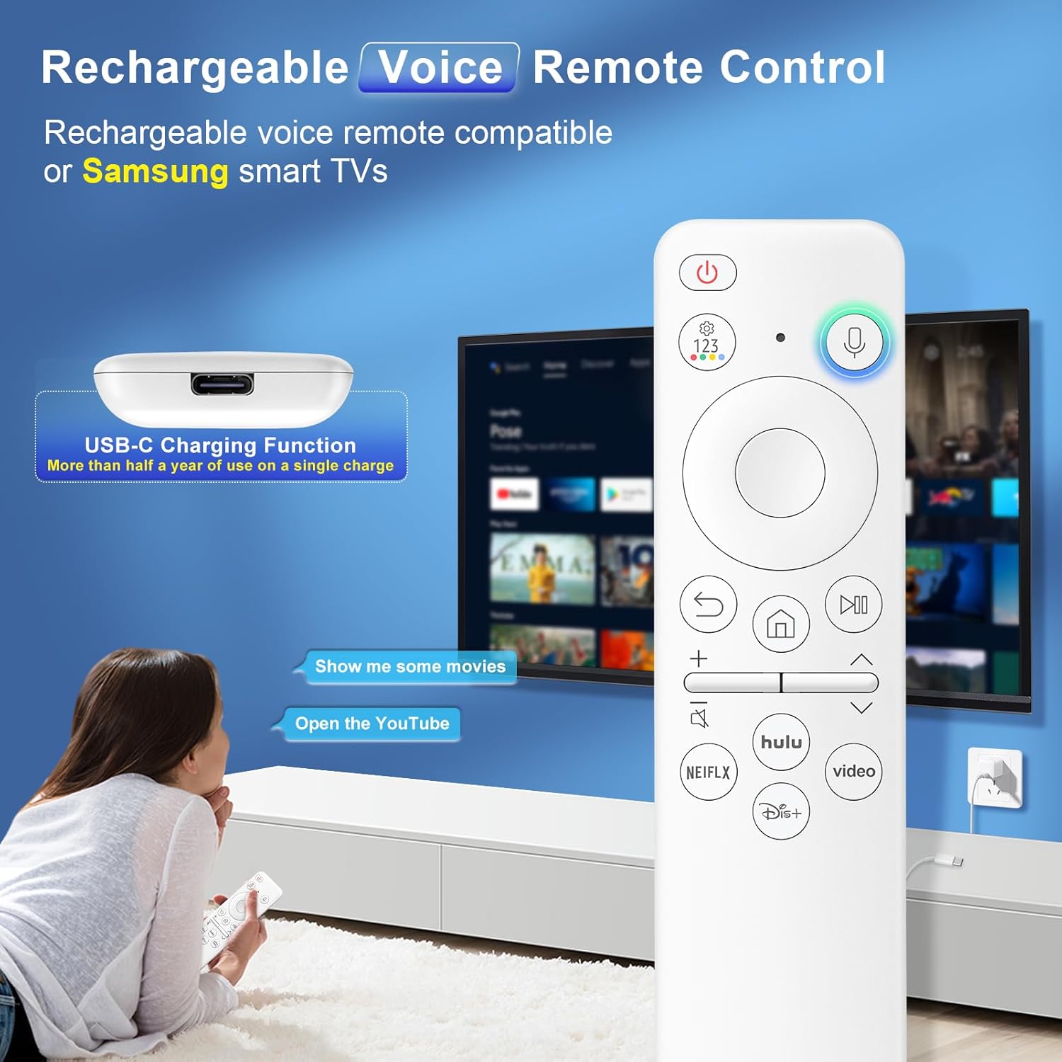 Detalle de Rechargeable Voice Remote for Samsung Smart TVs (2021–2025) with USB-C Charging and Voice Search