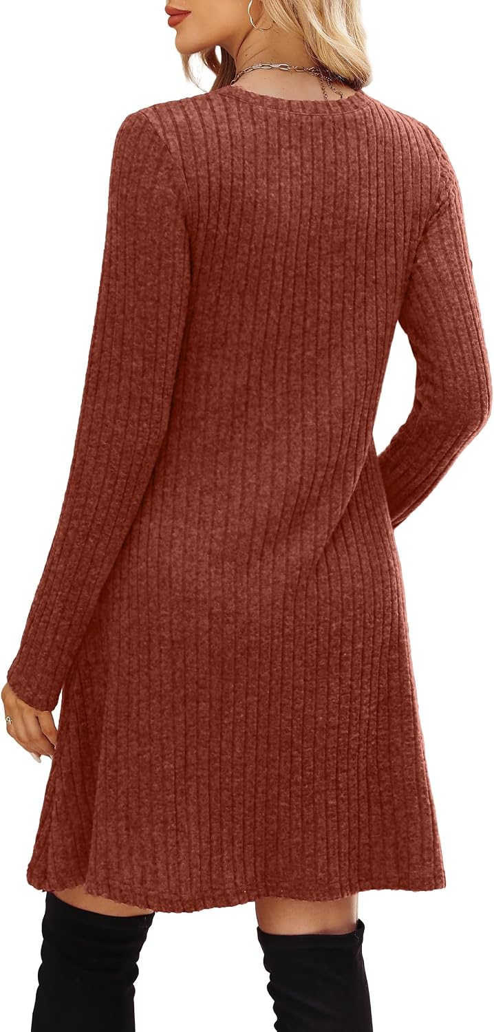 Detalle 1 de OFEEFAN Long Sleeve Dress for Women with Pockets, Crew Neck Empire Waist