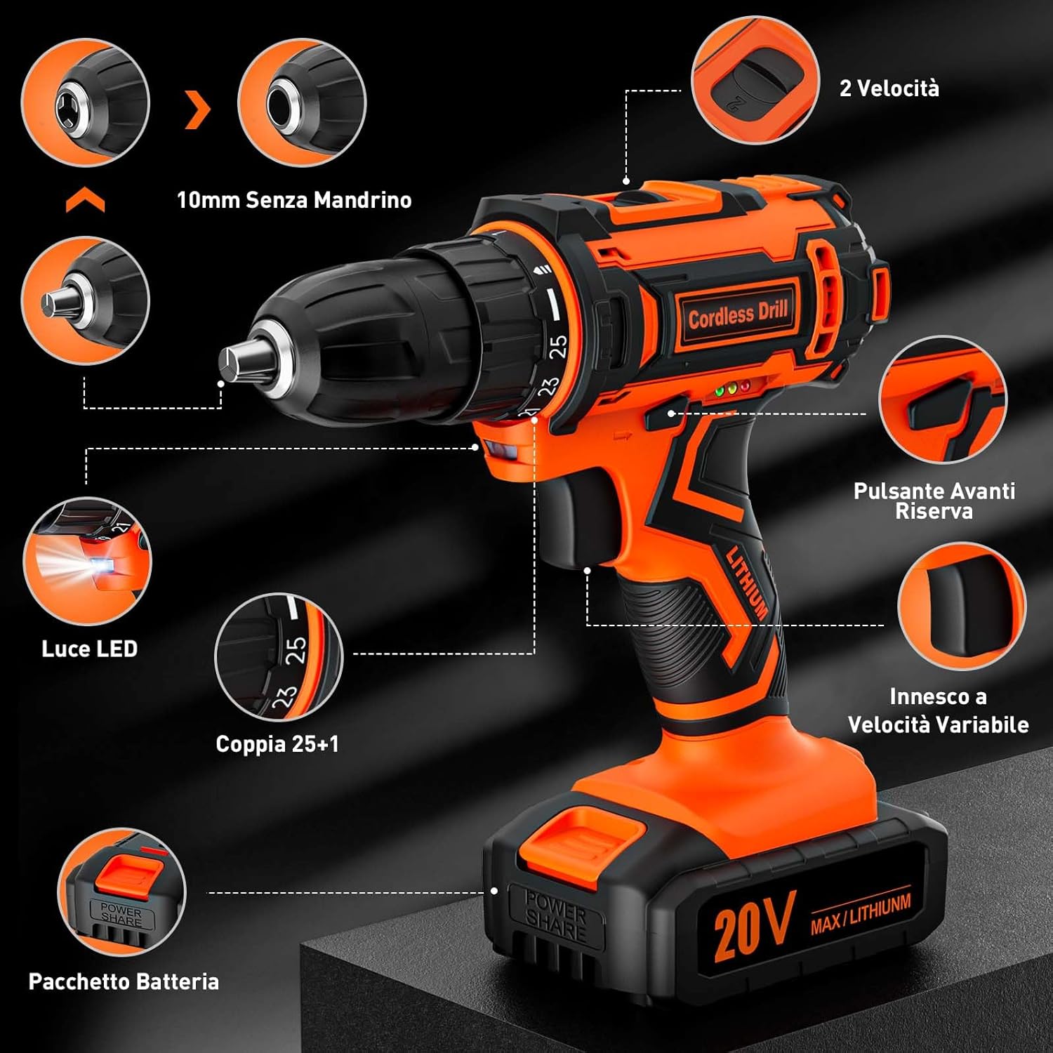 Thumbnail 6 de Trapano Avvitatore a Batteria 20V con 2 Batterie 2.0Ah – Max 42Nm, 25+1 Coppia, LED e 24 Accessori