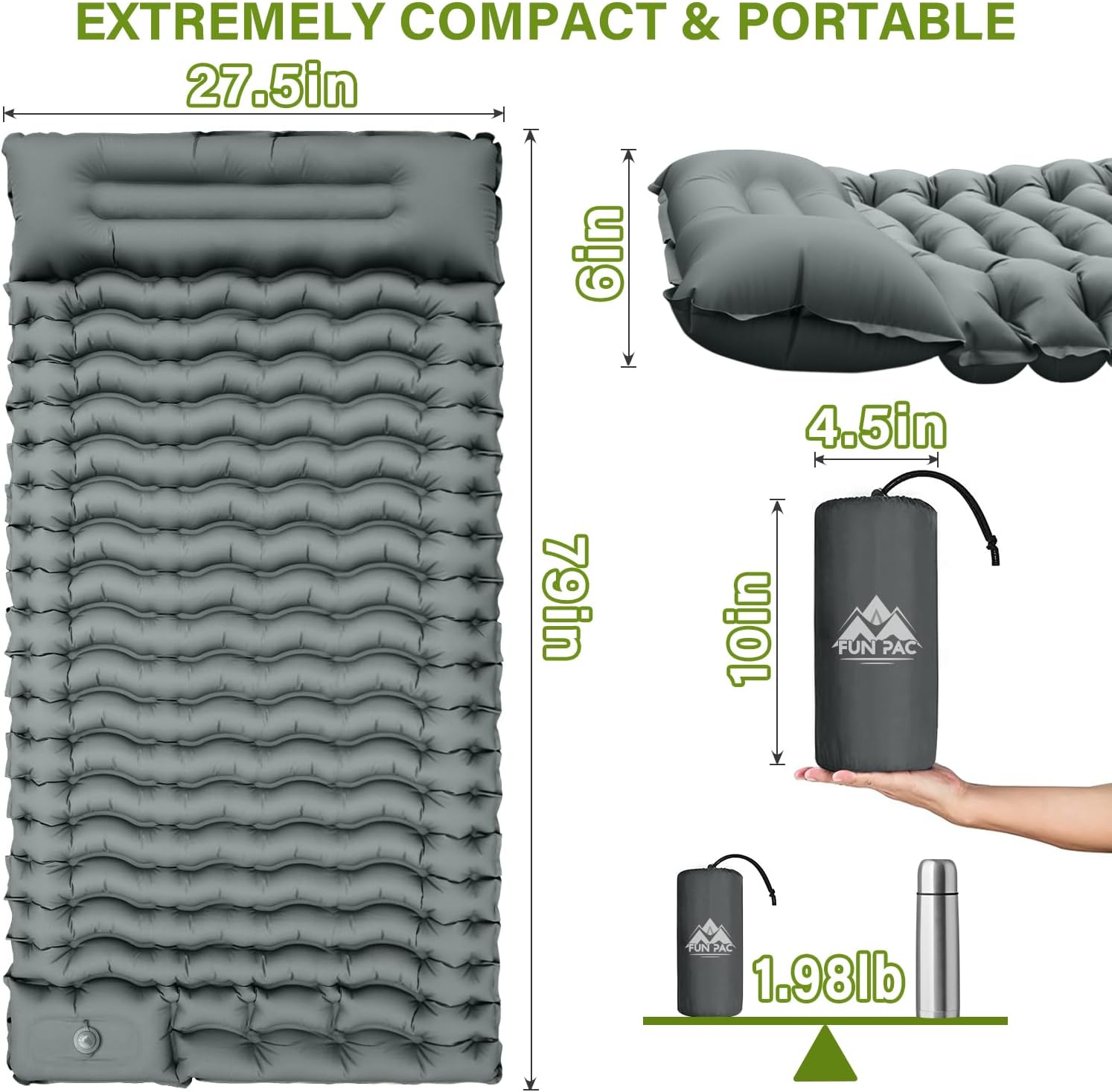 Detalle 2 de FUN PAC Camping Sleeping Pad: Ultralight, 3-Inch Thick with Built-In Pillow