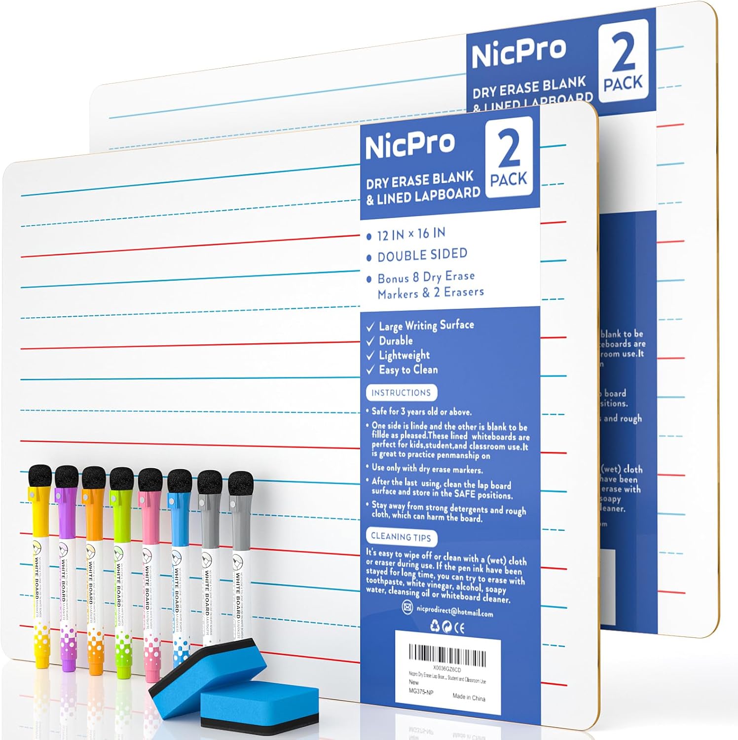 Thumbnail 5 de Nicpro 2 Pack Dry Erase Mini Whiteboards (A4, 22 x 30 cm) with 8 Water-Based Pens and 2 Erasers