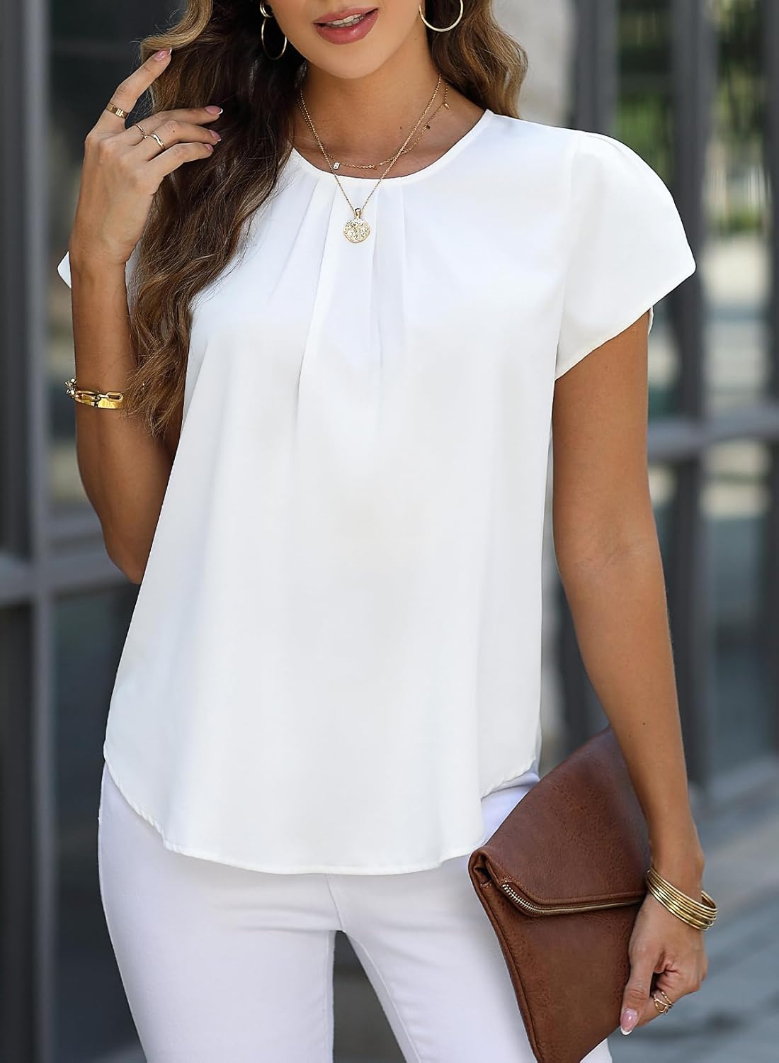 Thumbnail 1 de Dokotoo Damen Bluse Kurzarm Falten Tunika aus Chiffon – Elegant & Locker Für Sommer