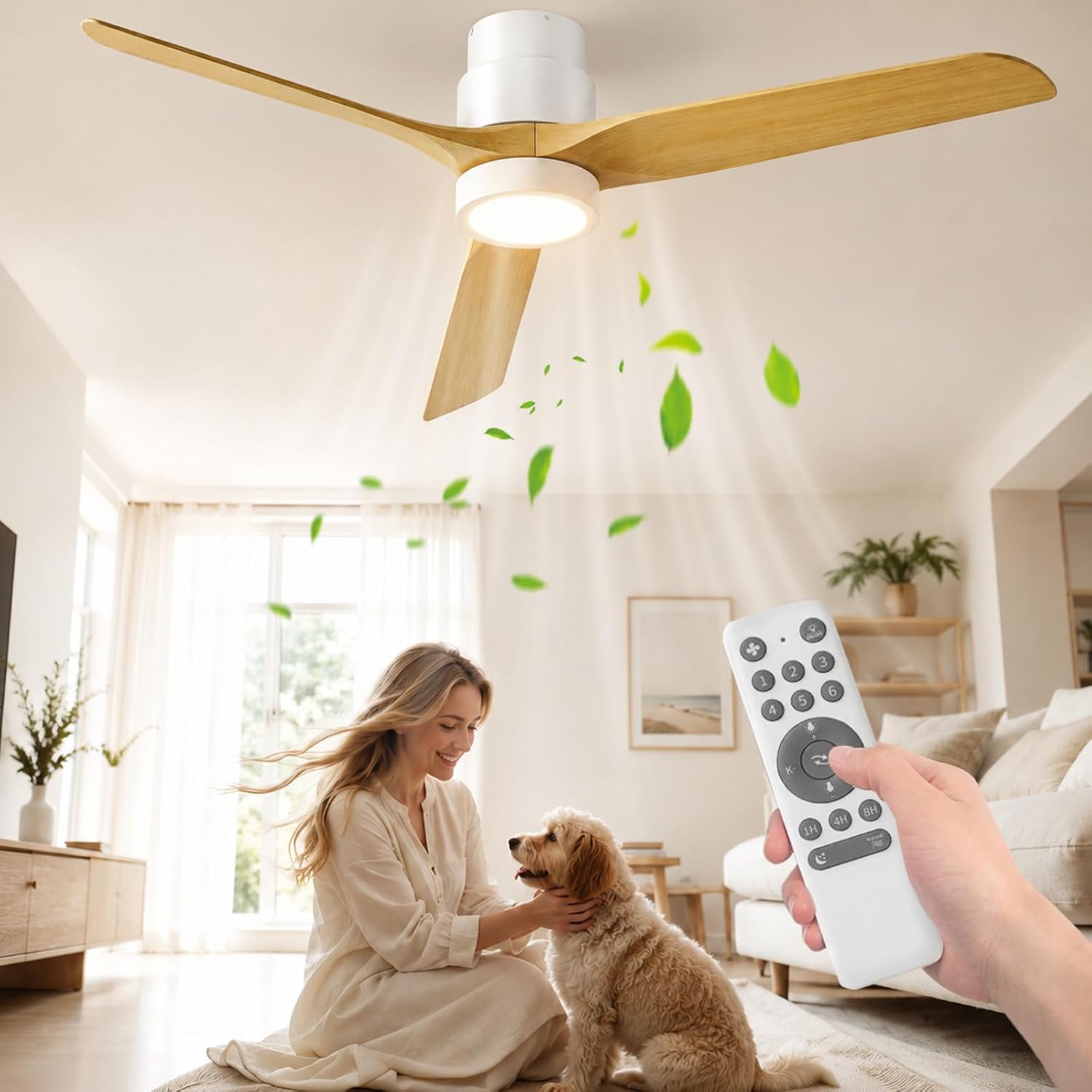 Detalle de Ateroll 132 cm Deckenventilator mit Beleuchtung – leiser DC-Motor, 6 Geschwindigkeiten, Timer 1/4/8h, Dimmbare LED