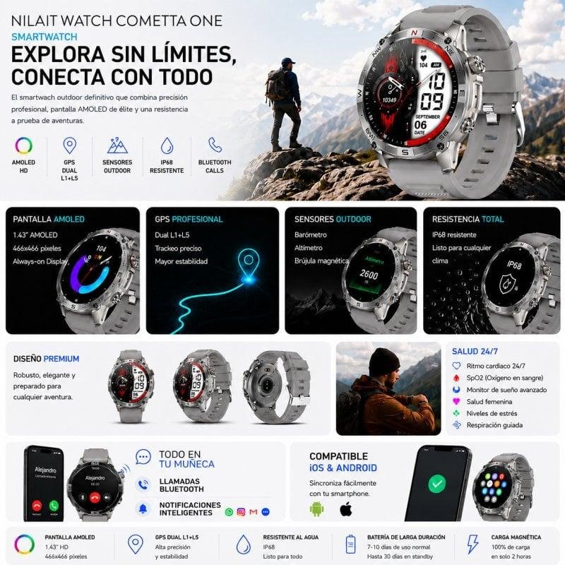 Detalle de Nilait Watch Cometta One: smartwatch AMOLED con GPS de alto rendimiento (Gris)