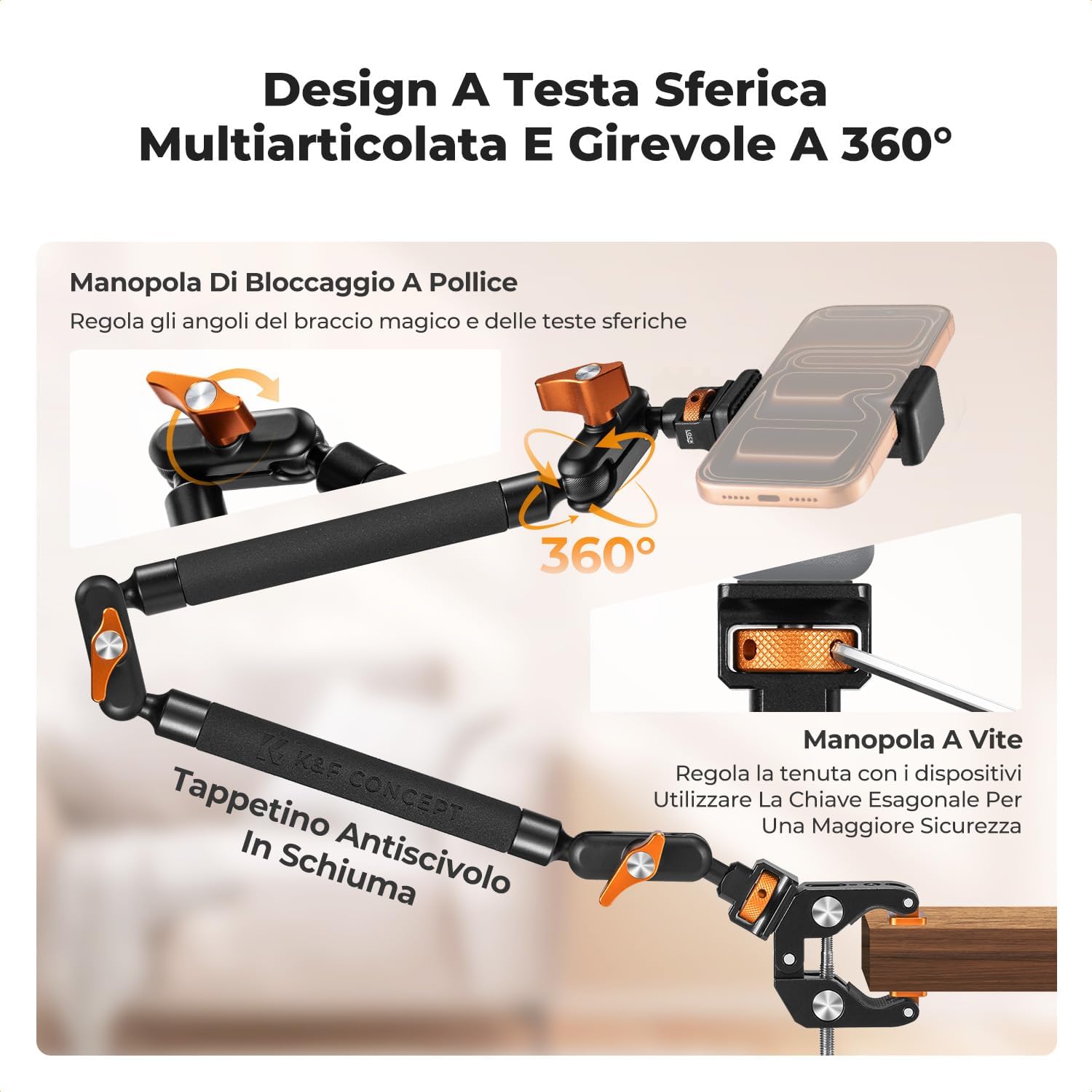 Detalle 2 de K&F CONCEPT Magic Arm Kit 22" con Morsetto: braccio magico per telefono, action cam, luci LED e microfono