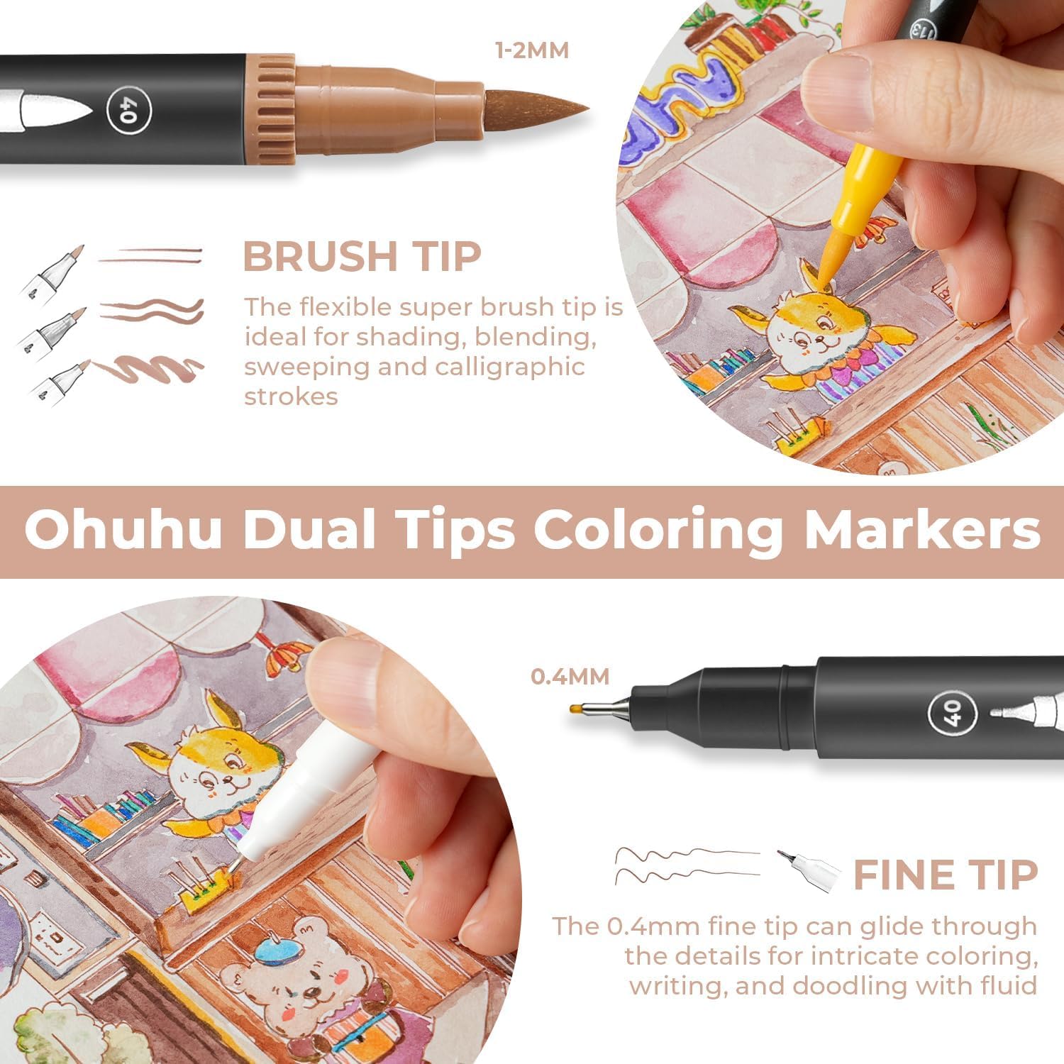 Thumbnail 1 de Ohuhu 120 Farben Dual Brush Pen Set mit Doppelspitze (Pinsel & Fineliner) – wasserbasierte Filzstifte