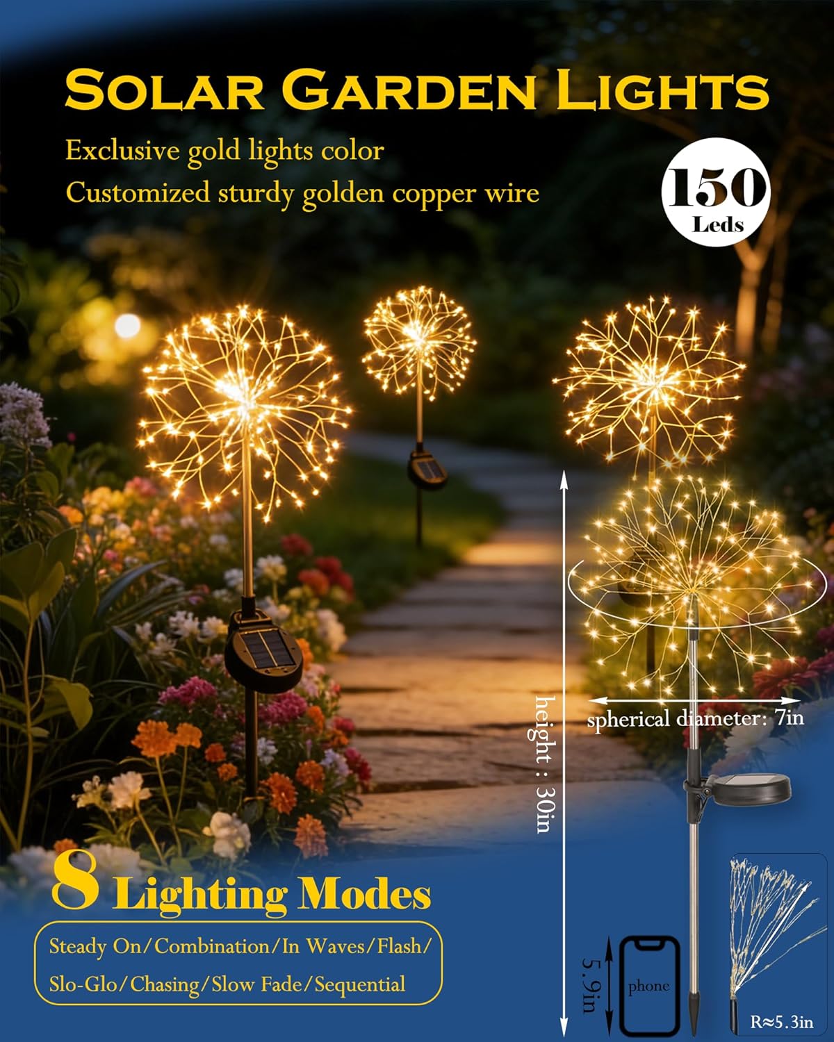 Detalle de INMKALI Solar Garden Lights: 2 Pack 150 LEDs Fairy Pathway Lights in Gold