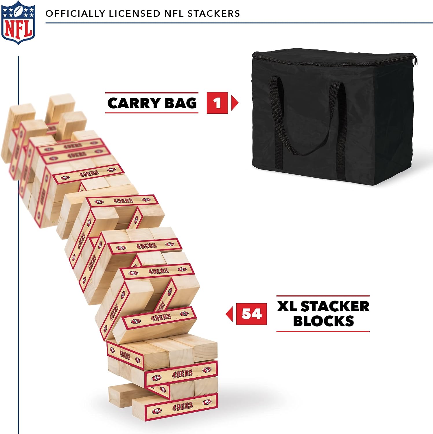 Detalle 2 de Wild Sports NFL Giant Stacking Wooden Blocks (Tumbling Tower) – Licensed Team Logo Football Game