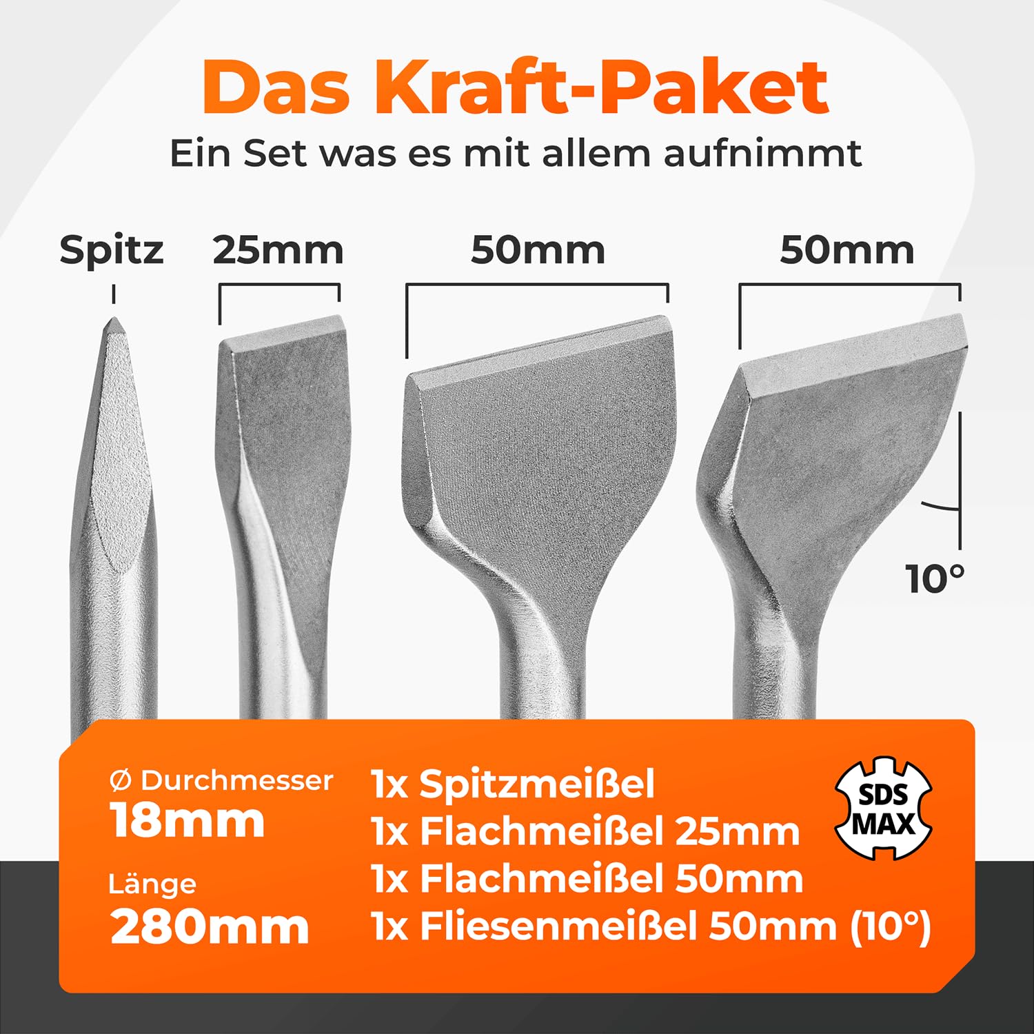 Detalle de BAUBECK SDS Max Meißel-Set LONG LIFE (4-tlg.) – 280 mm, angewinkelt und gerade