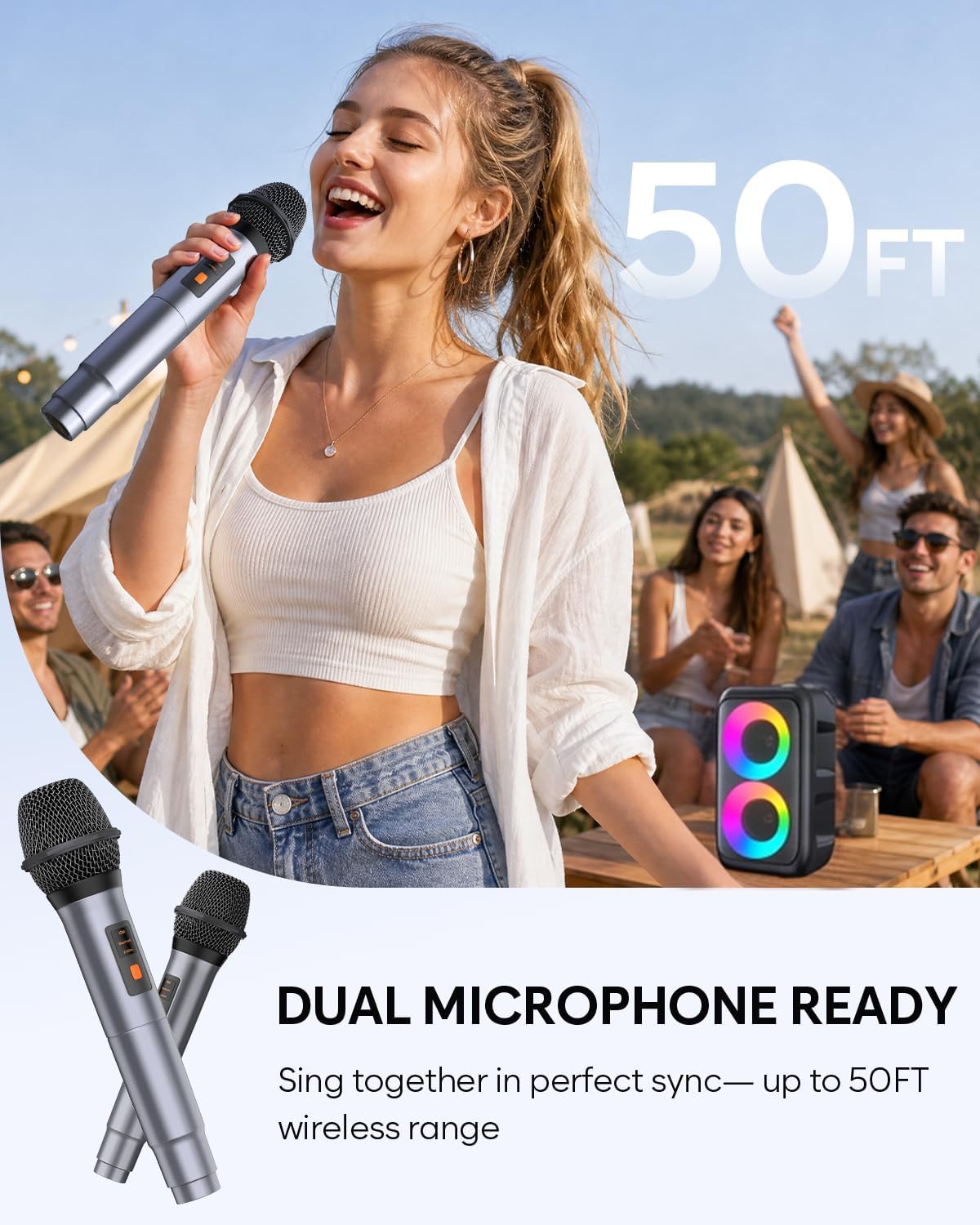 Detalle de HEEBUKE Karaoke Maschine mit 2 kabellosen Mikrofonen – Tragbarer Bluetooth Lautsprecher 2x10W