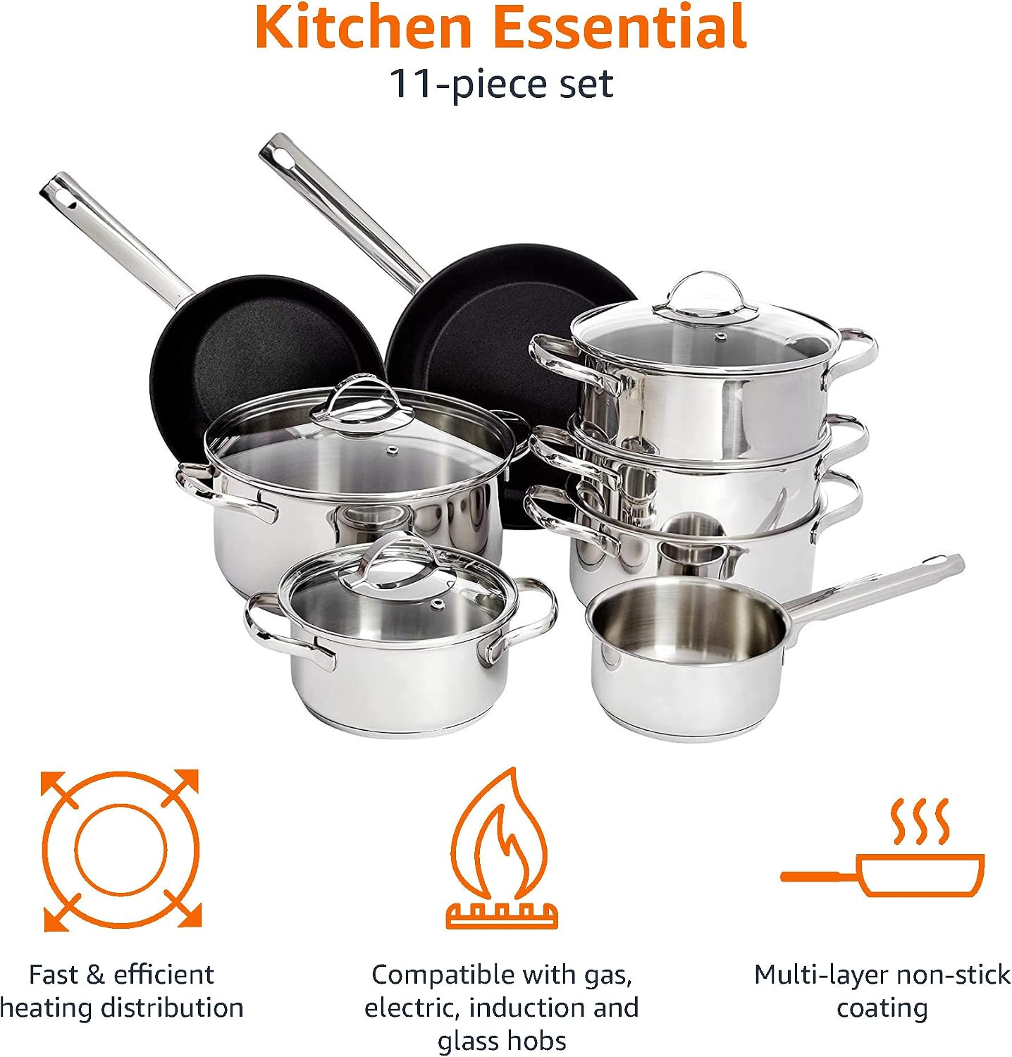 Detalle de Amazon Basics 11-Piece Stainless Steel Induction Cookware Set