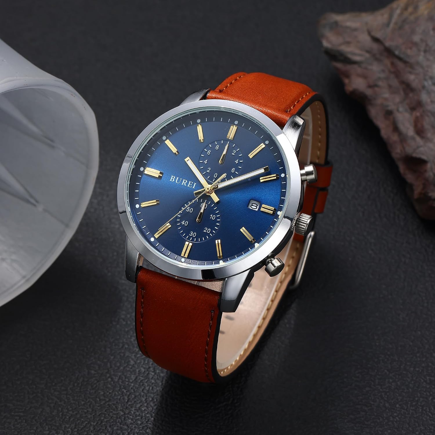 Detalle de BUREI montre chronographe quartz japonaise étanche 3 ATM pour homme à bracelet cuir