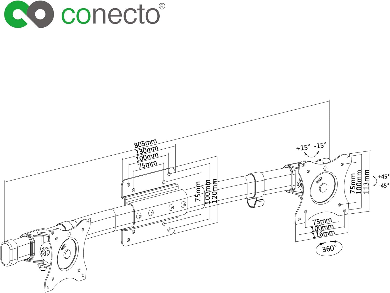 Detalle de conecto Adaptateur double écran pour 2 moniteurs mural (VESA 75x75/100x100) inclinable et pivotant, charge max 10 kg