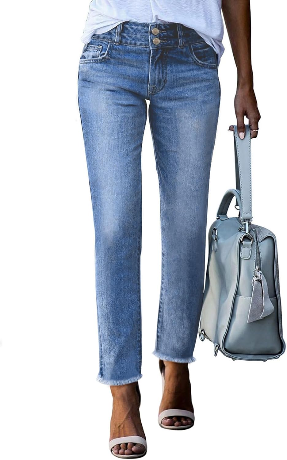Detalle de Sidefeel Women's High Waisted Stretch Denim Jeans with Raw Hem — Straight Leg, Ankle Length, with Pockets
