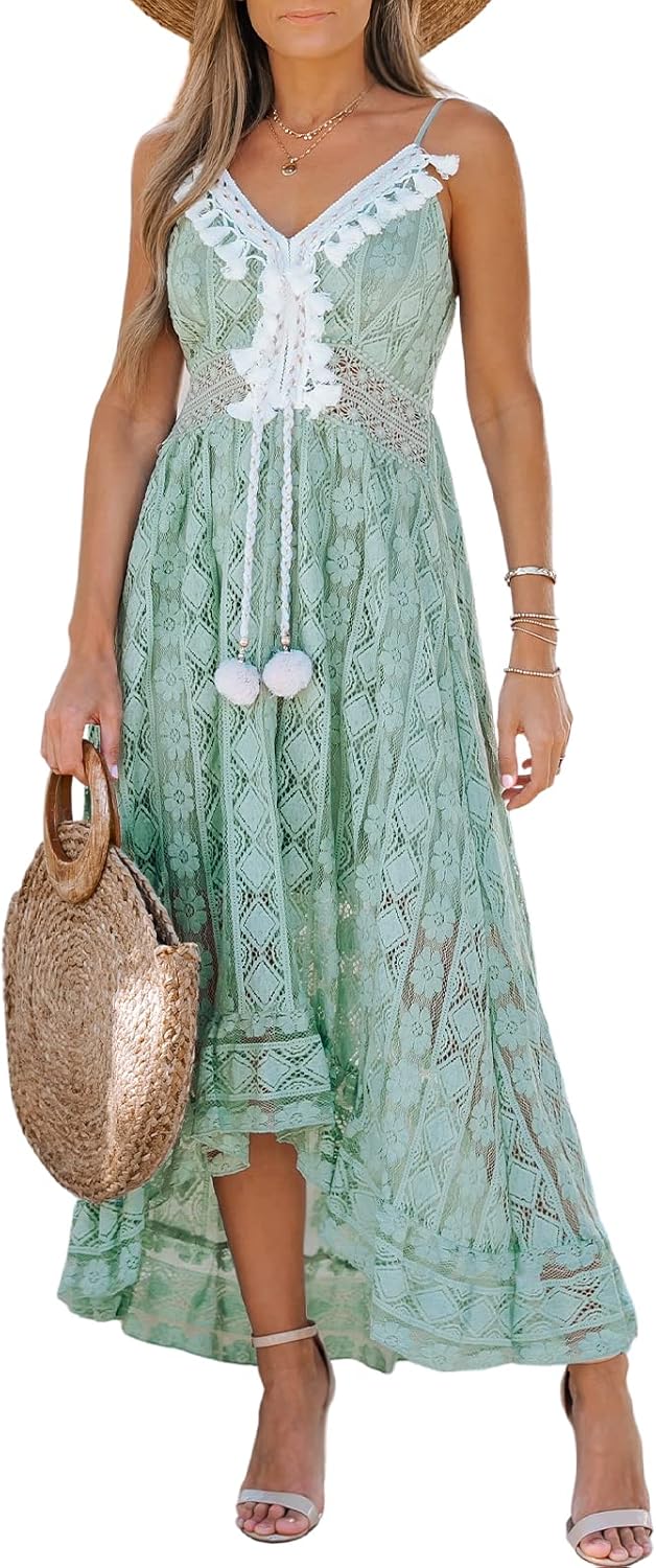 Thumbnail 4 de CUPSHE Damen Sommerkleid mit V-Ausschnitt, Spitze und Quasten – Boho/Beach Maxi mit Spaghettiträgern