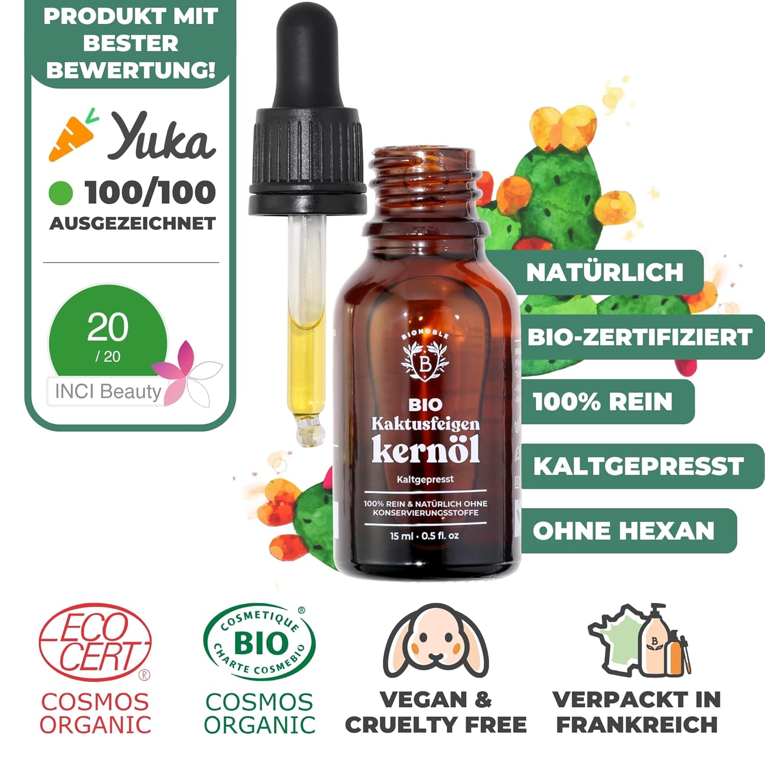 Thumbnail 1 de BIONOBLE Kaktusfeigenkernöl Bio, kaltgepresst – 100% rein – 15 ml mit Pipette