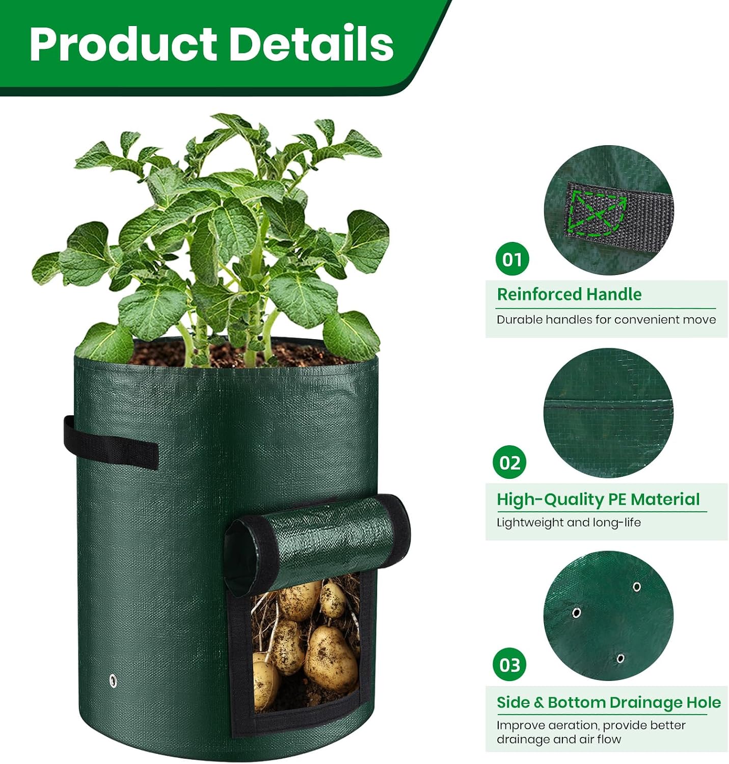 Detalle 2 de BIJOKETTEN 6-Pack 10-Gallon Potato Grow Bags with Harvest Flap and Handles