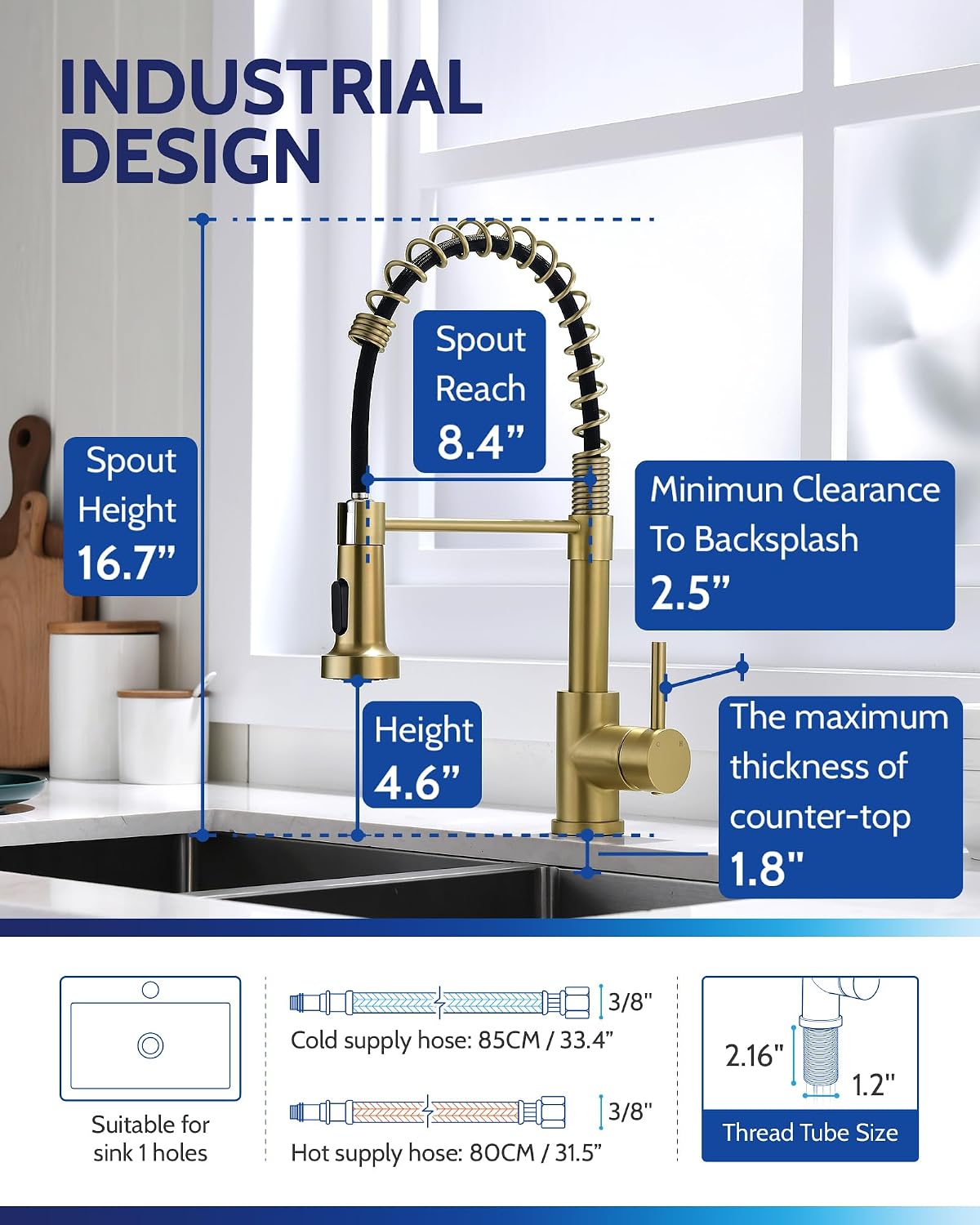 Detalle de LUFEIDRA 07BRL Pull-Down Kitchen Faucet, Brushed Gold, Dual-Mode Sprayer
