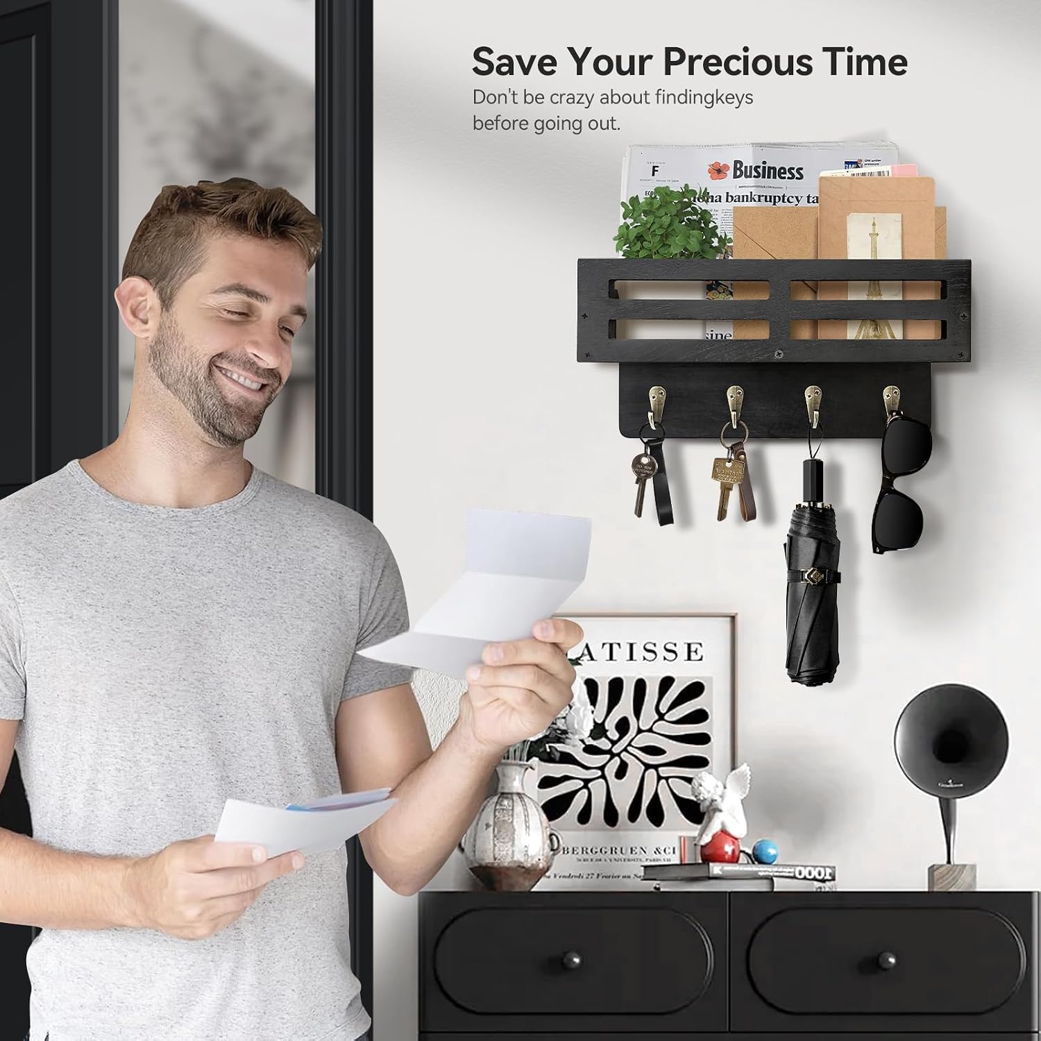 Detalle de KISENG Key Hooks -J Wall-Mounted Key and Mail Organizer, Black Paulownia Wood