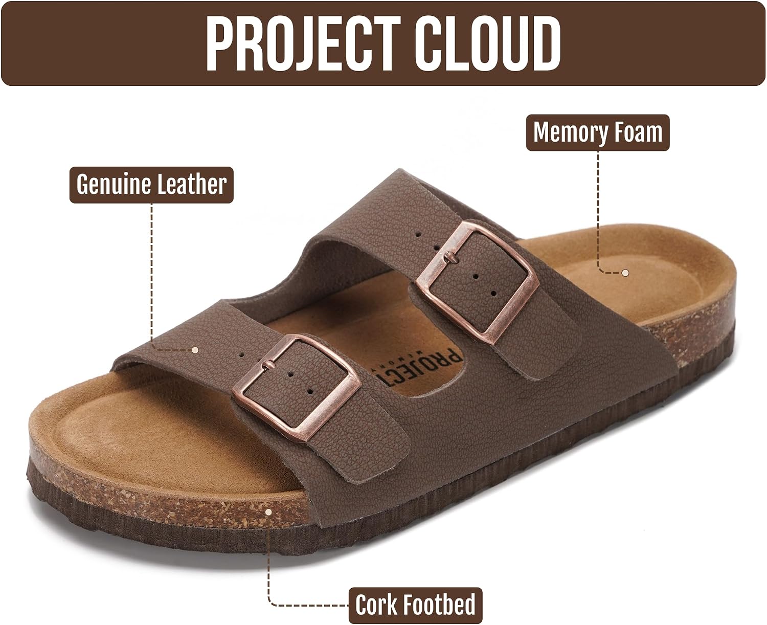 Thumbnail 1 de Project Cloud 100% Genuine Leather Flat Sandals (Venita) — Cork Footbed, Memory Foam Insole, Arch Support