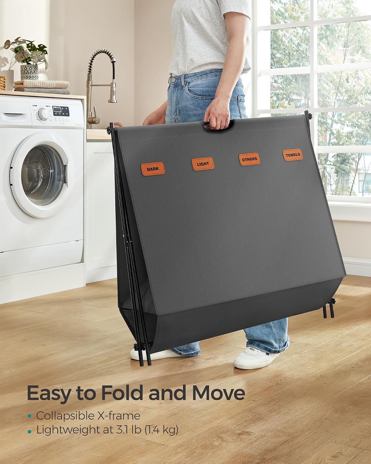 Detalle 1 de SONGMICS STEVIE LCB140G01 155 L Laundry Sorter, 4 Sections, Foldable X-Frame