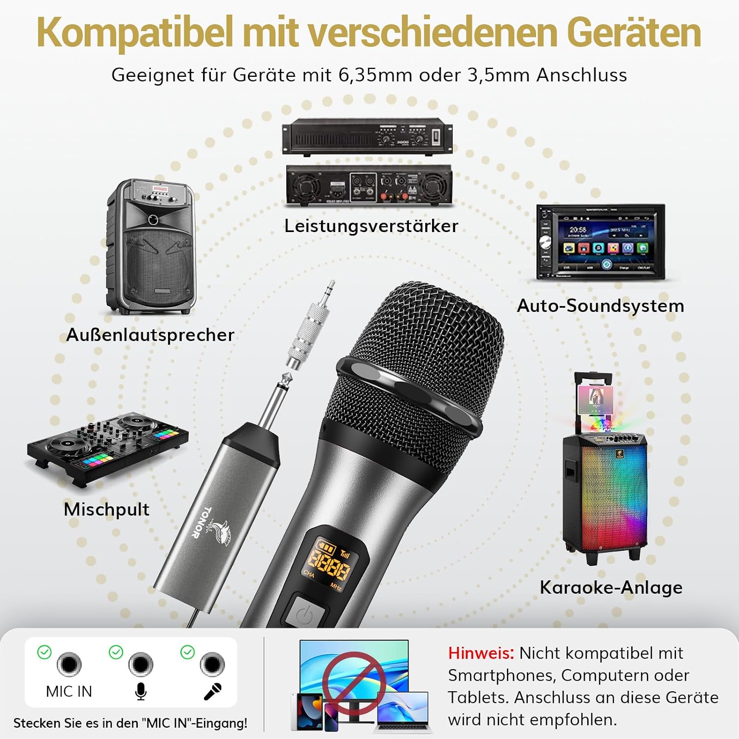 Thumbnail 4 de TONOR TW620 Kabellos Mikrofon-Set – UHF-Handmikrofon mit 60 m Reichweite, 6,35 mm Klinke, Grau
