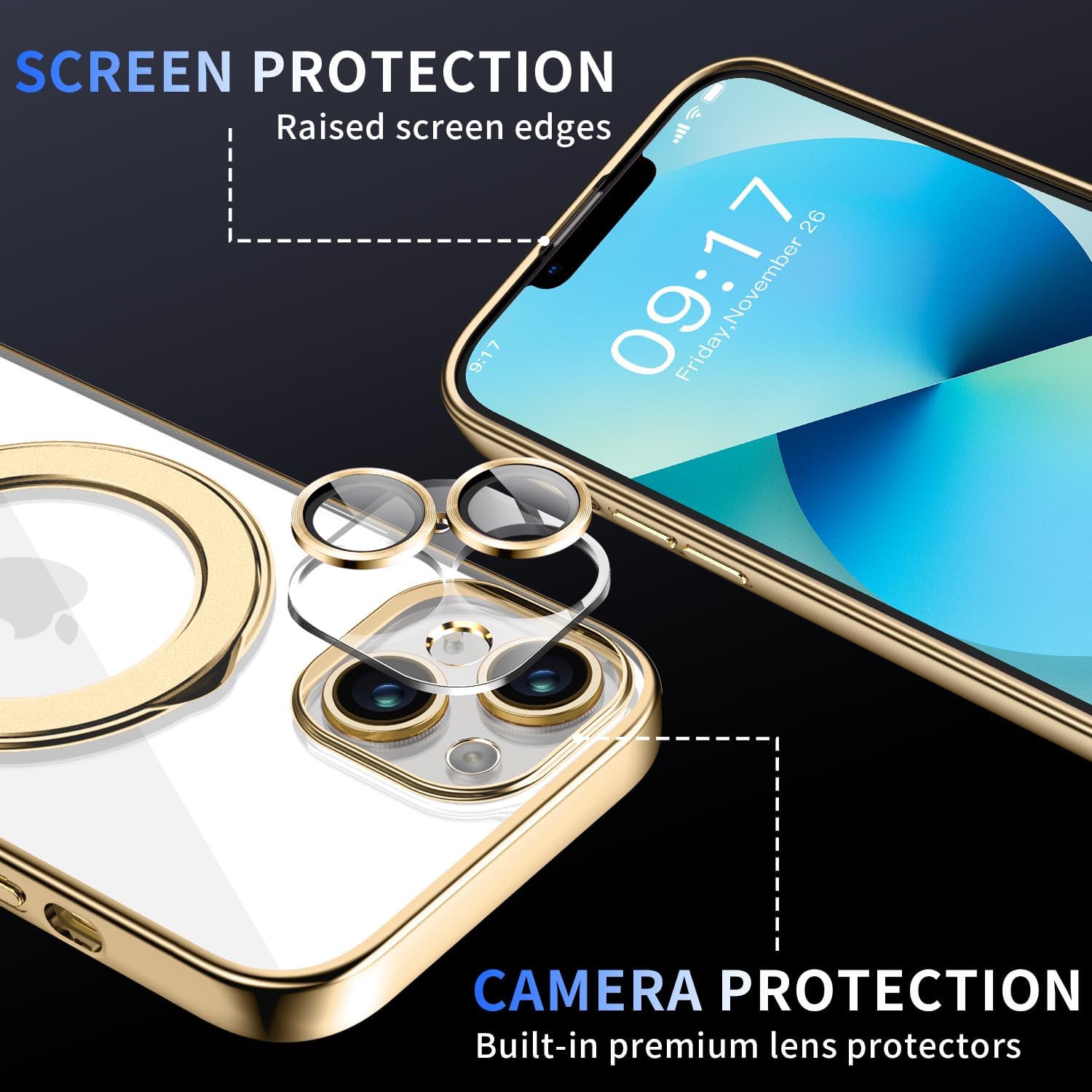 Thumbnail 2 de Pmteyoim Magnetic iPhone 13 Case with Invisible Stand, Full Camera Lens Protector & Military Drop Protection (Clear Slim Gold)