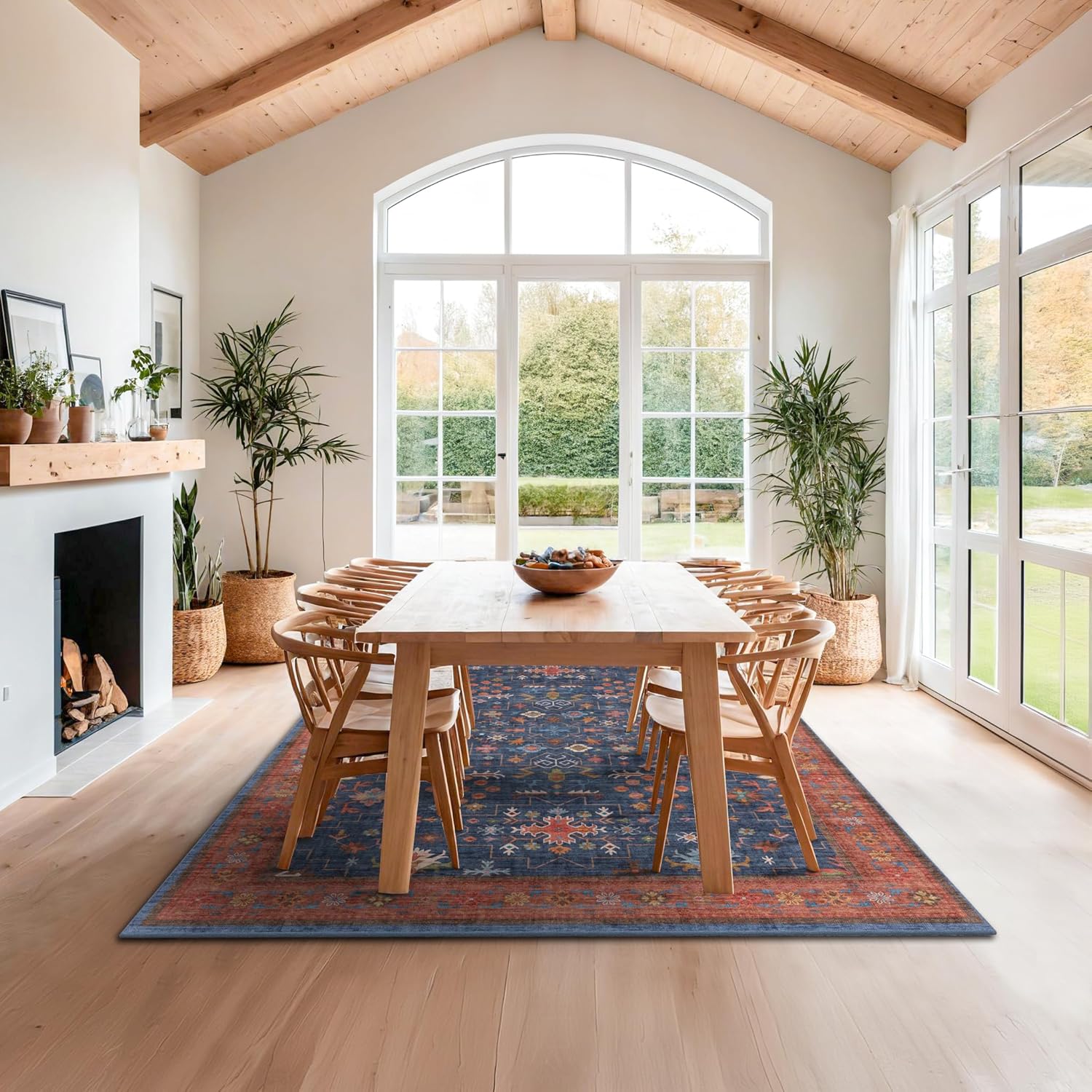 Detalle de Navy Blue Area Rug 9x12: Washable, Non-Slip, Low-Pile Boho Living Room & Dining Room Rug
