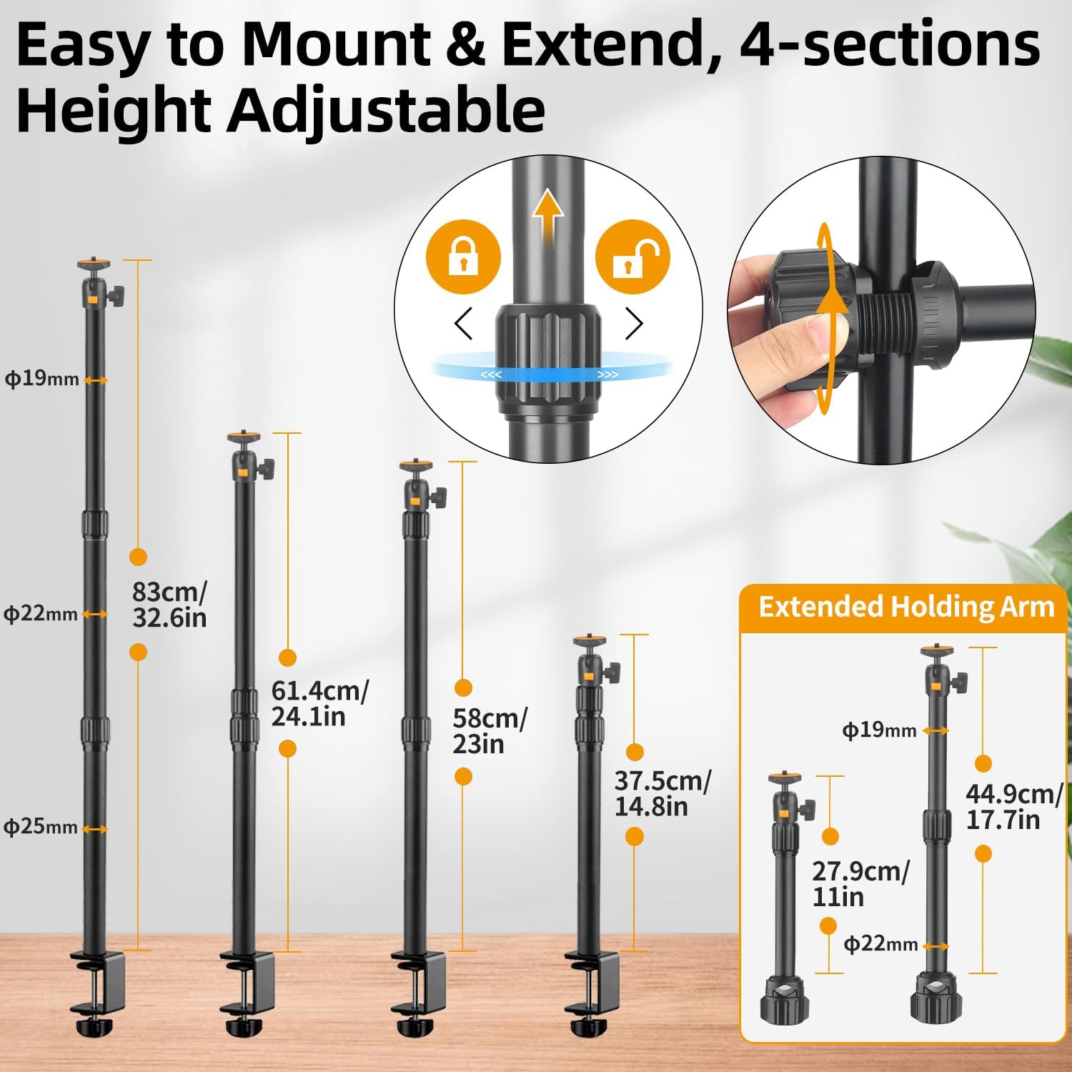 Detalle 2 de JEBUTU OS03 Overhead Camera Mount with Adjustable Desk Clamp & 360° Ball Heads