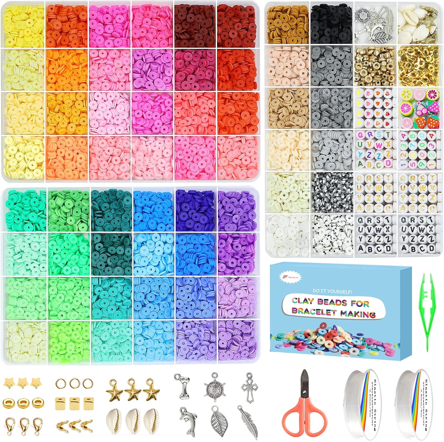 Fournine 10000 Pcs Clay Beads Bracelet Making Kit – 3 Boxes, 60 Colours, with Letter Beads and Charms