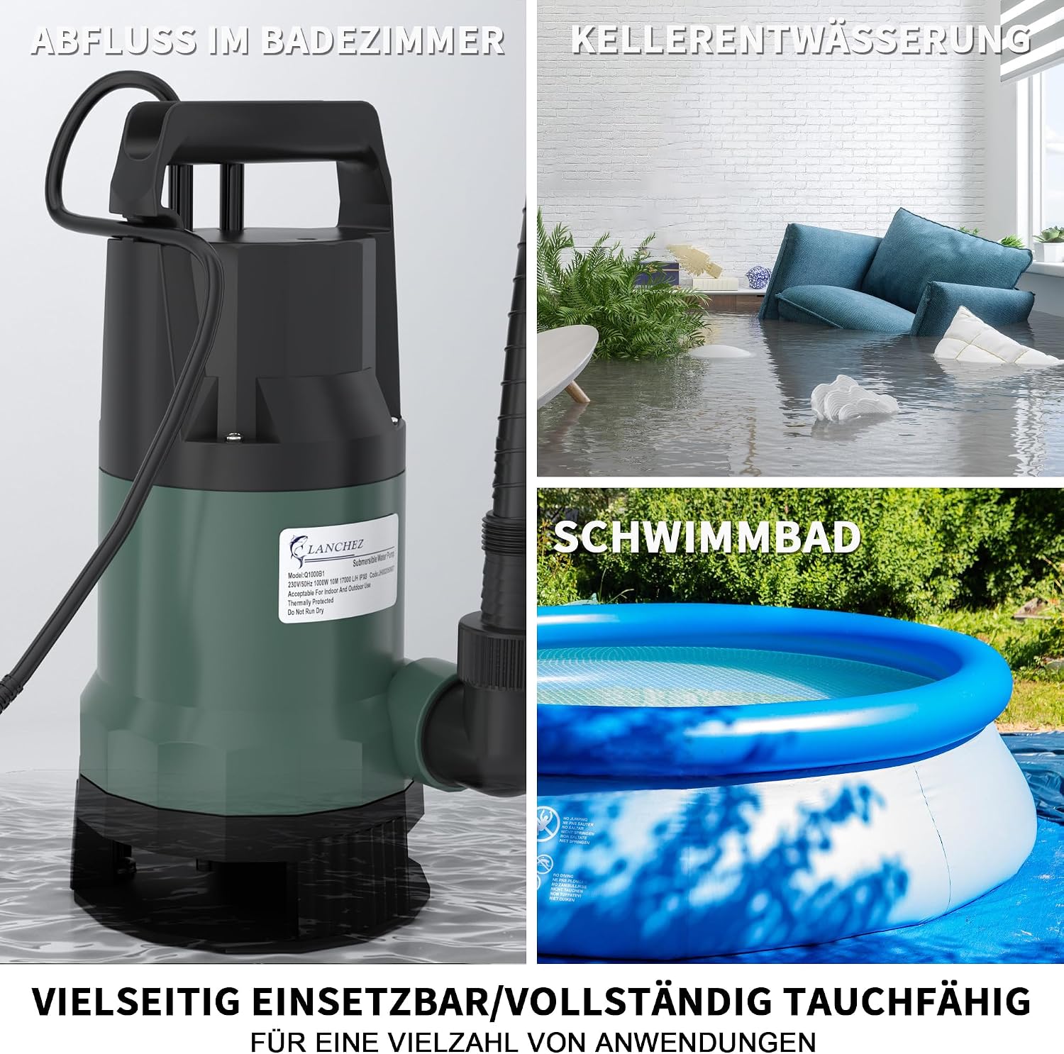 Thumbnail 6 de LANCHEZ Schmutzwassertauchpumpe 1000 W – 17.000 l/h, IPX8, mit Schwimmerschalter