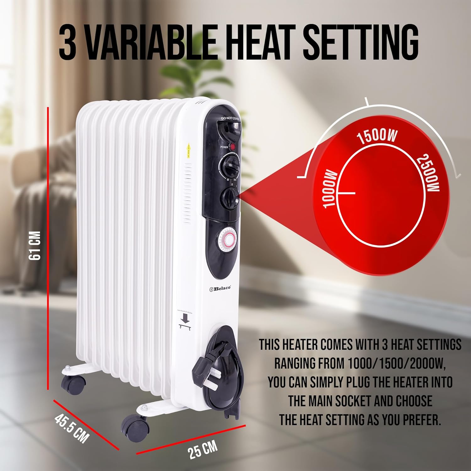 Detalle 2 de Belaco 2500W oil-filled radiator with 24H timer