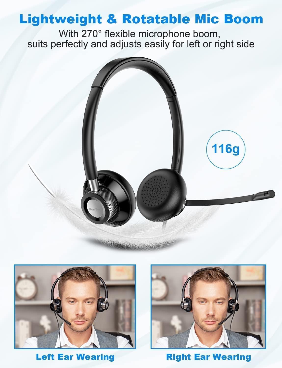 Detalle de New Bee USB Headset with Microphone (H361) – Comfort USB PC Headset for Calls and Online Learning