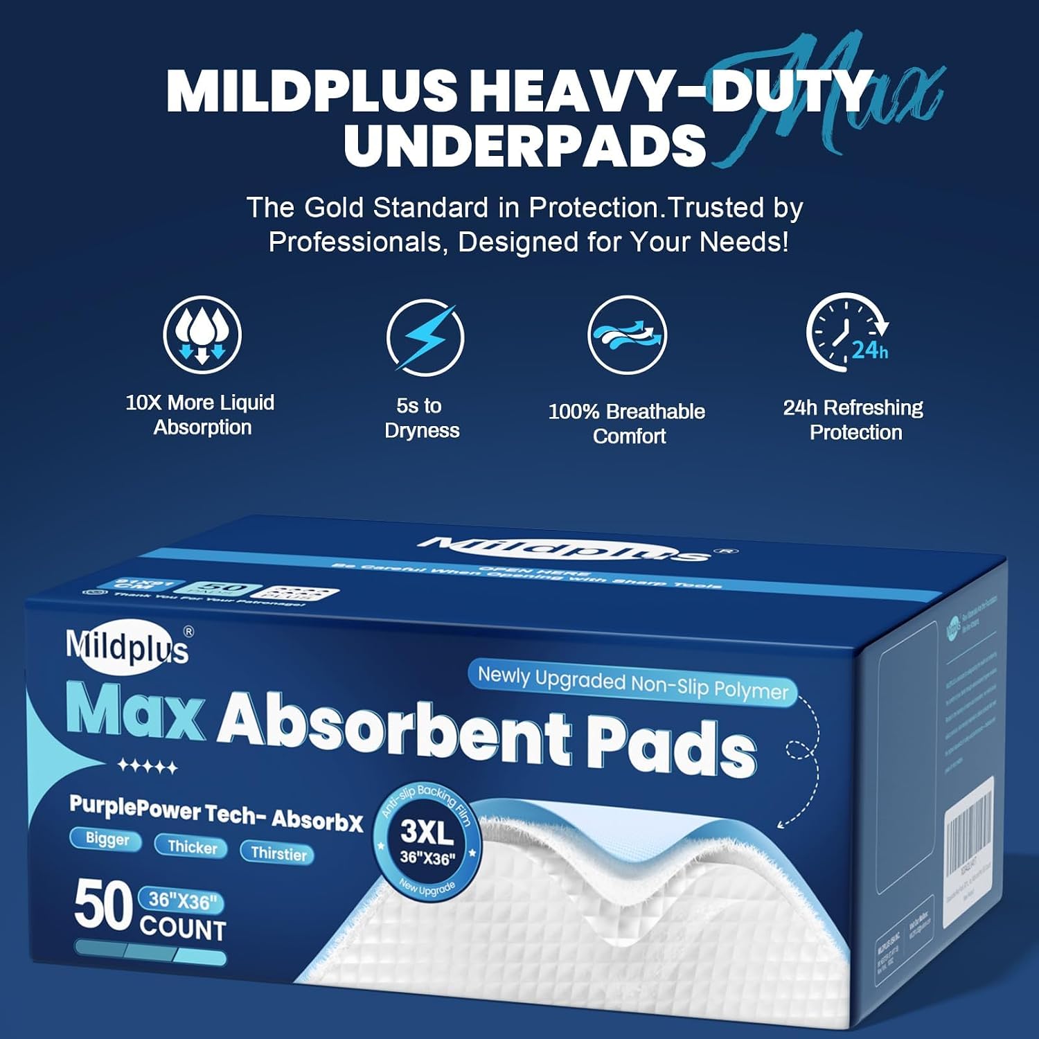 Thumbnail 6 de MILDPLUS Heavy Duty Underpad 36x36 (50 Count) — Extra Large, Ultra Absorbent Bed Pads