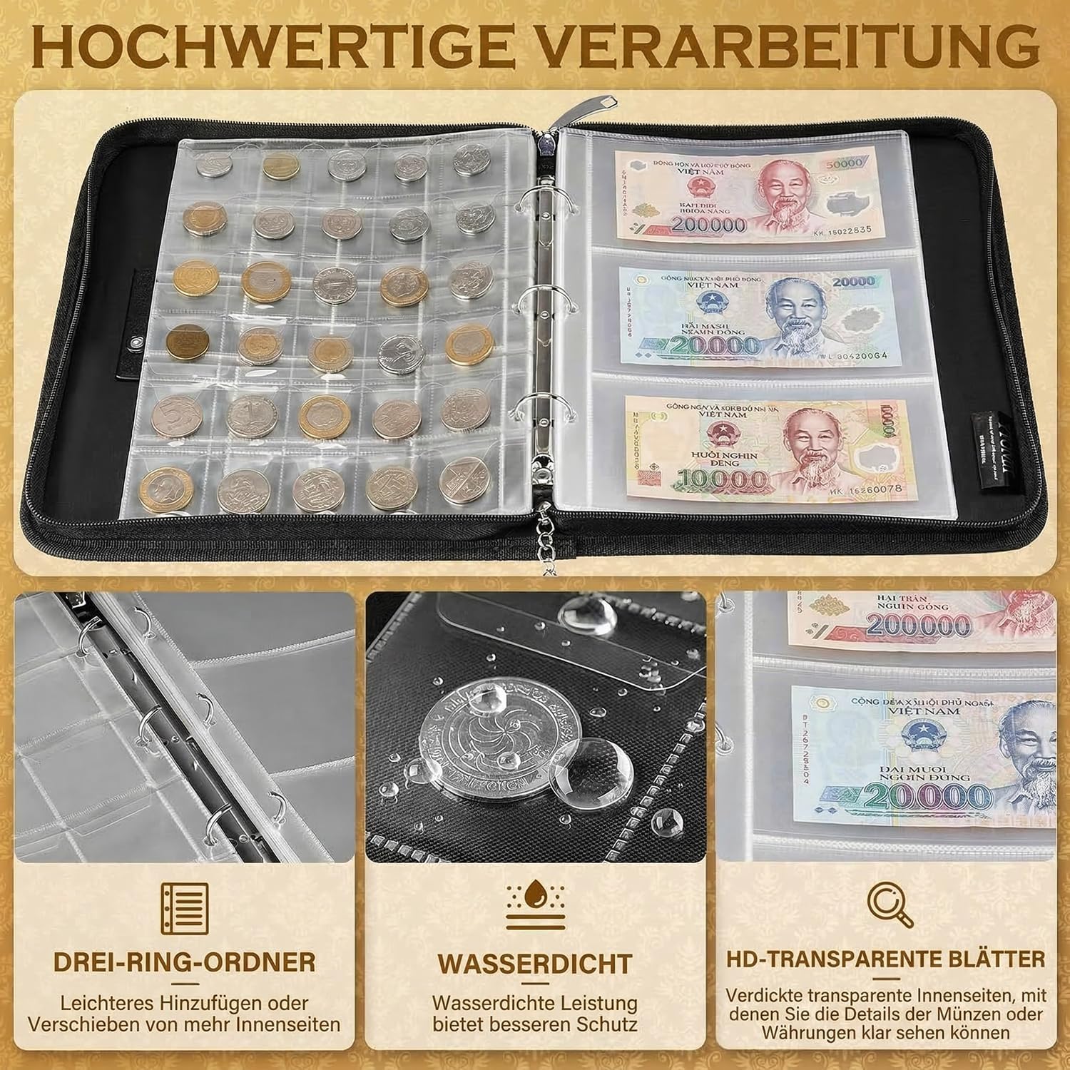 Thumbnail 5 de Ytonet Feuerfestes Münz-Sammelalbum mit Schloss – 320 Münzen & 36 Geldscheine, schwarz