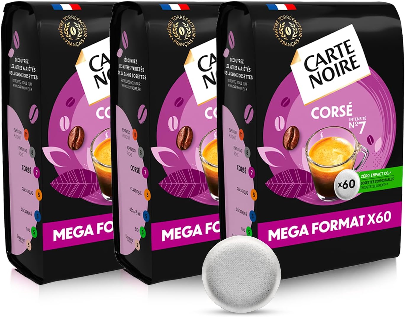 Detalle de CARTE NOIRE – Café en Dosettes Souples Corsé N°7, 180 dosettes compatibles Senseo