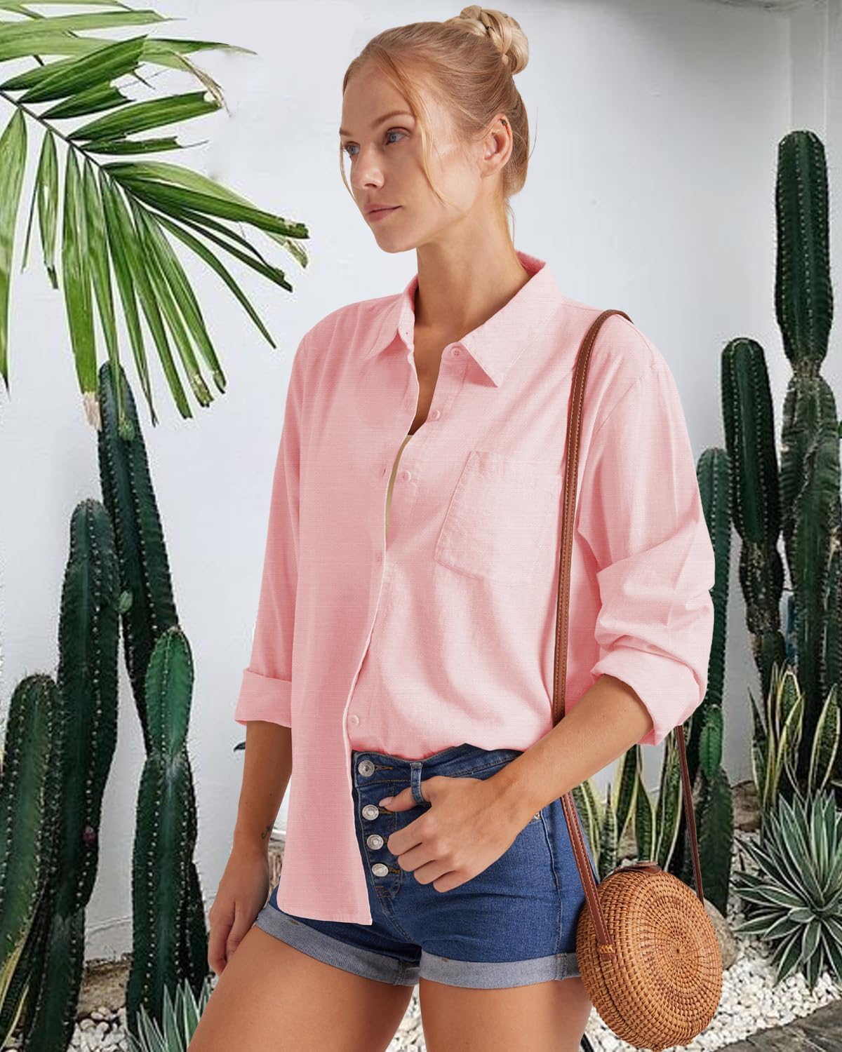 Detalle de Friptspyg Damen Bluse – Lässige Langarm-Hemdbluse aus 100% Baumwolle, V-Ausschnitt, Tasche, Weiß