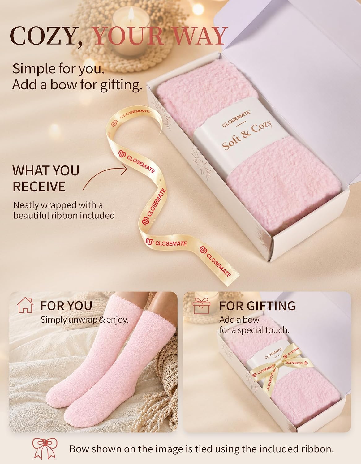 Detalle 2 de CLOSEMATE Cloud Fuzzy Socks for Women, Plush Gift-Boxed with Ribbon