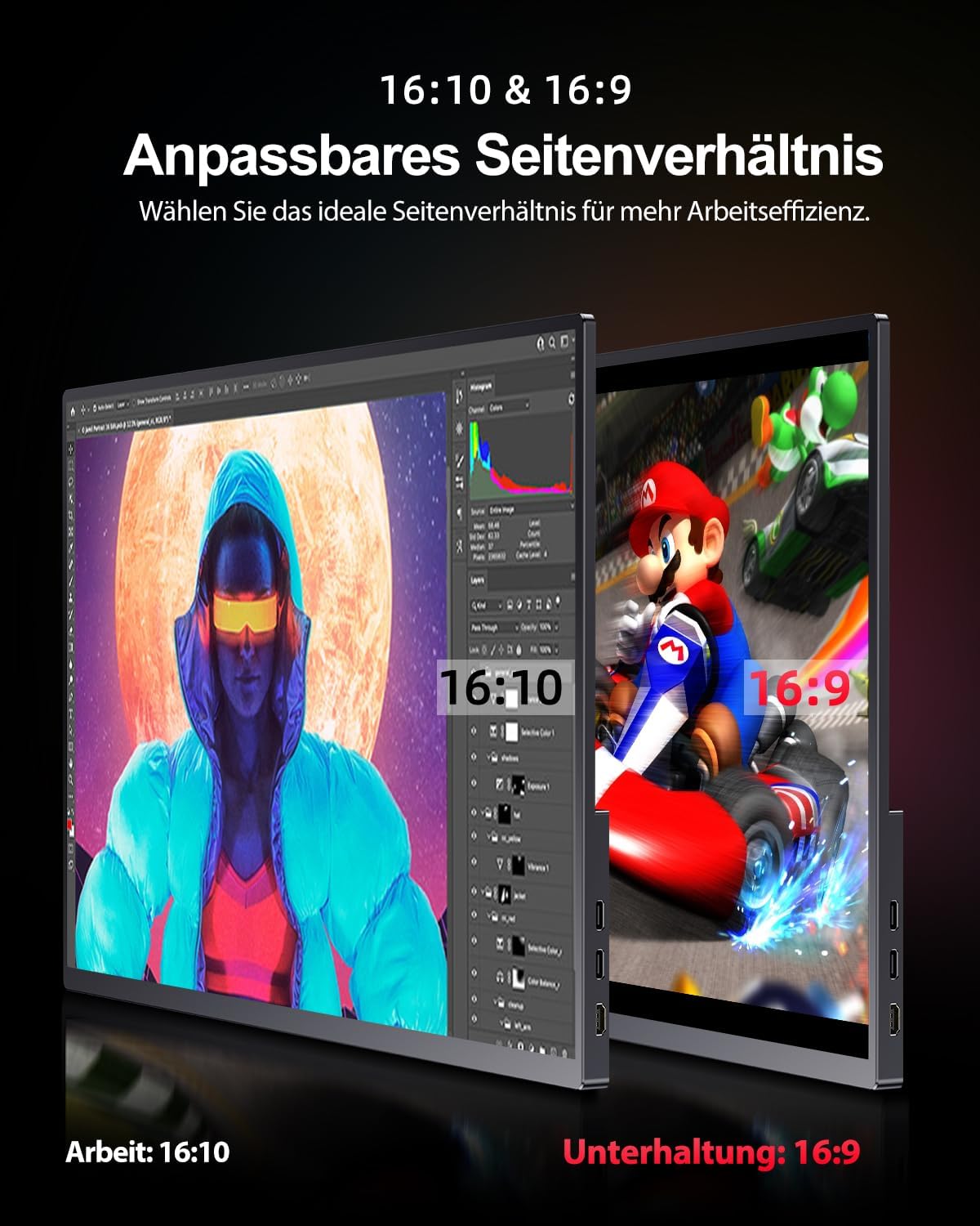 Detalle de UPERFECT 2K 144Hz 16 Zoll Portable Monitor – 2560x1600, 16:10, QLED, 2x USB‑C, Mini HDMI, VESA-kompatibel