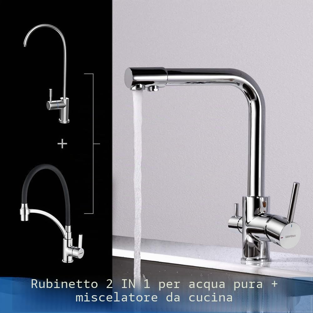 Detalle de GRIFEMA Dover-G4003: Rubinetto Cucina 3 Vie con Beccuccio Girevole 360° (G3/8) – Cromato