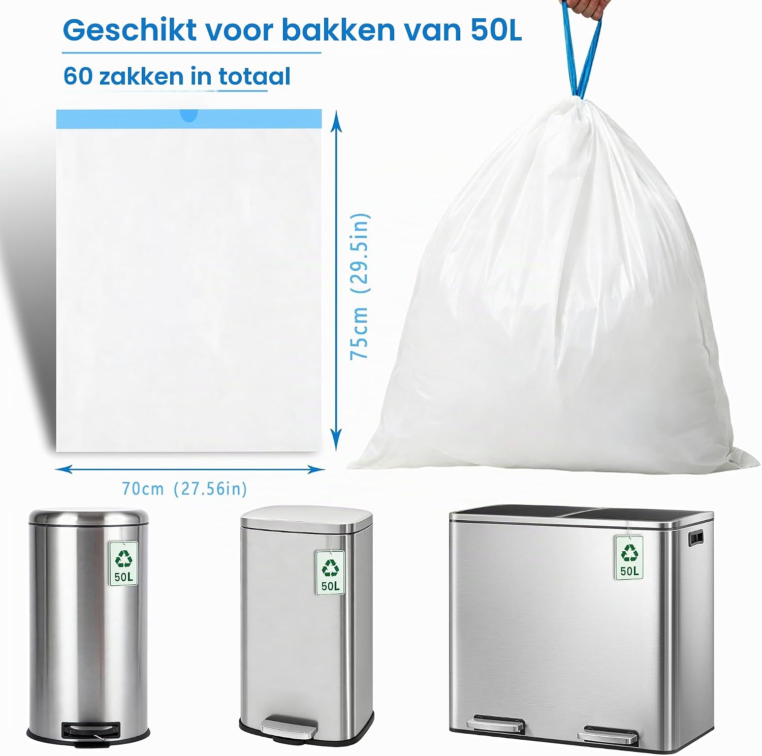 Detalle 2 de Xcdhemde vuilniszakken 50 liter, wit, 70 x 75 cm met trekkoord