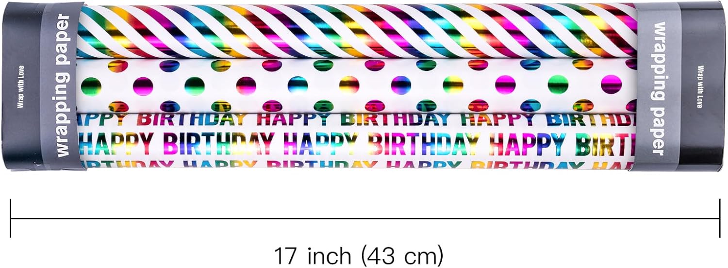 Detalle de Wrapaholic Birthday Wrapping Paper Roll – Mini Roll, 3 Rolls, 17 in x 120 in per roll, Colorful Foil Design