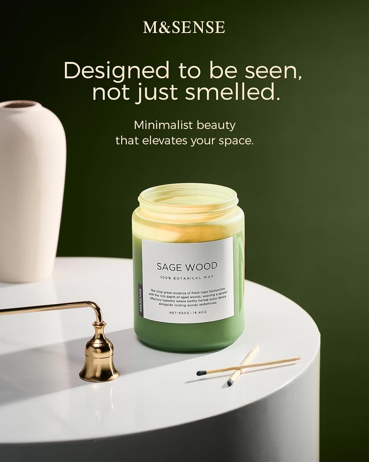 Detalle de M&SENSE Sage Wood Scented Candles for Home — 19.4oz All Natural Soy Wax, 110 Hours