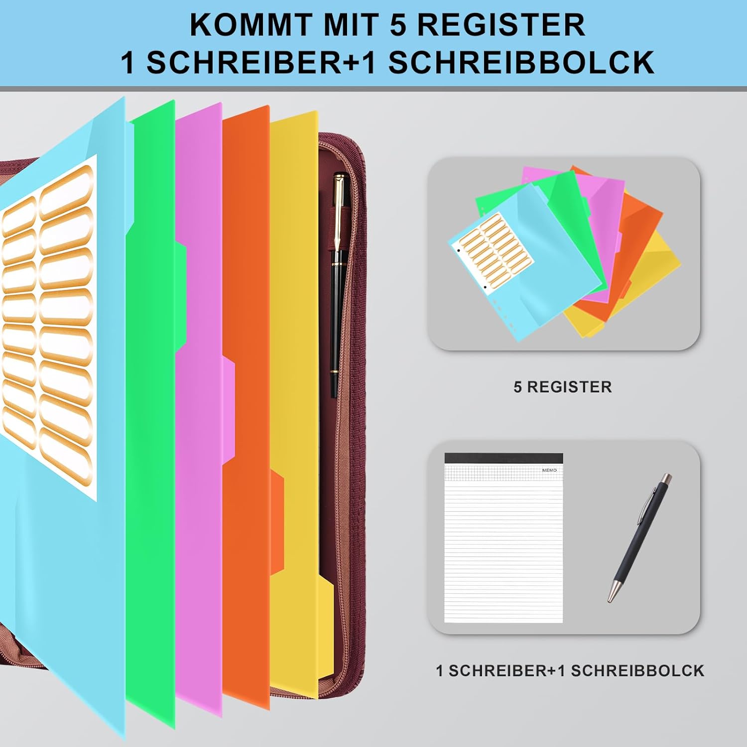 Thumbnail 1 de Leathario Schreibmappe A4 mit 5er Register und 4-Ringbuch, Konferenzmappe mit Reißverschluss
