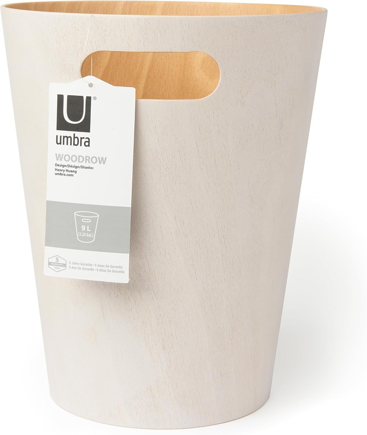 Detalle de Umbra Woodrow Abfalleimer – Zweifarbiger Holzpapierkorb, 7,5 L, Weiss/Natur