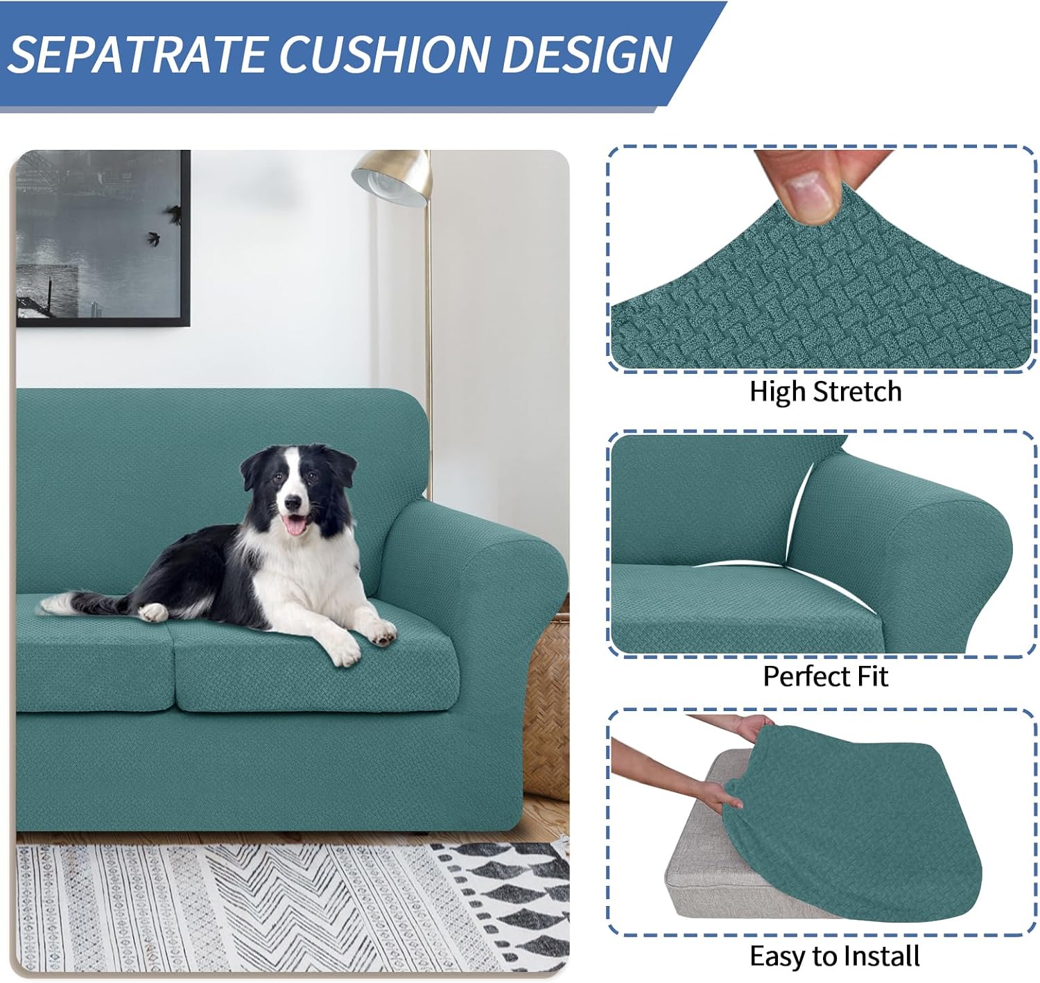 Detalle de JIVINER 4-Piece Stretch Sofa Cover for 3 Cushions, Peacock Blue